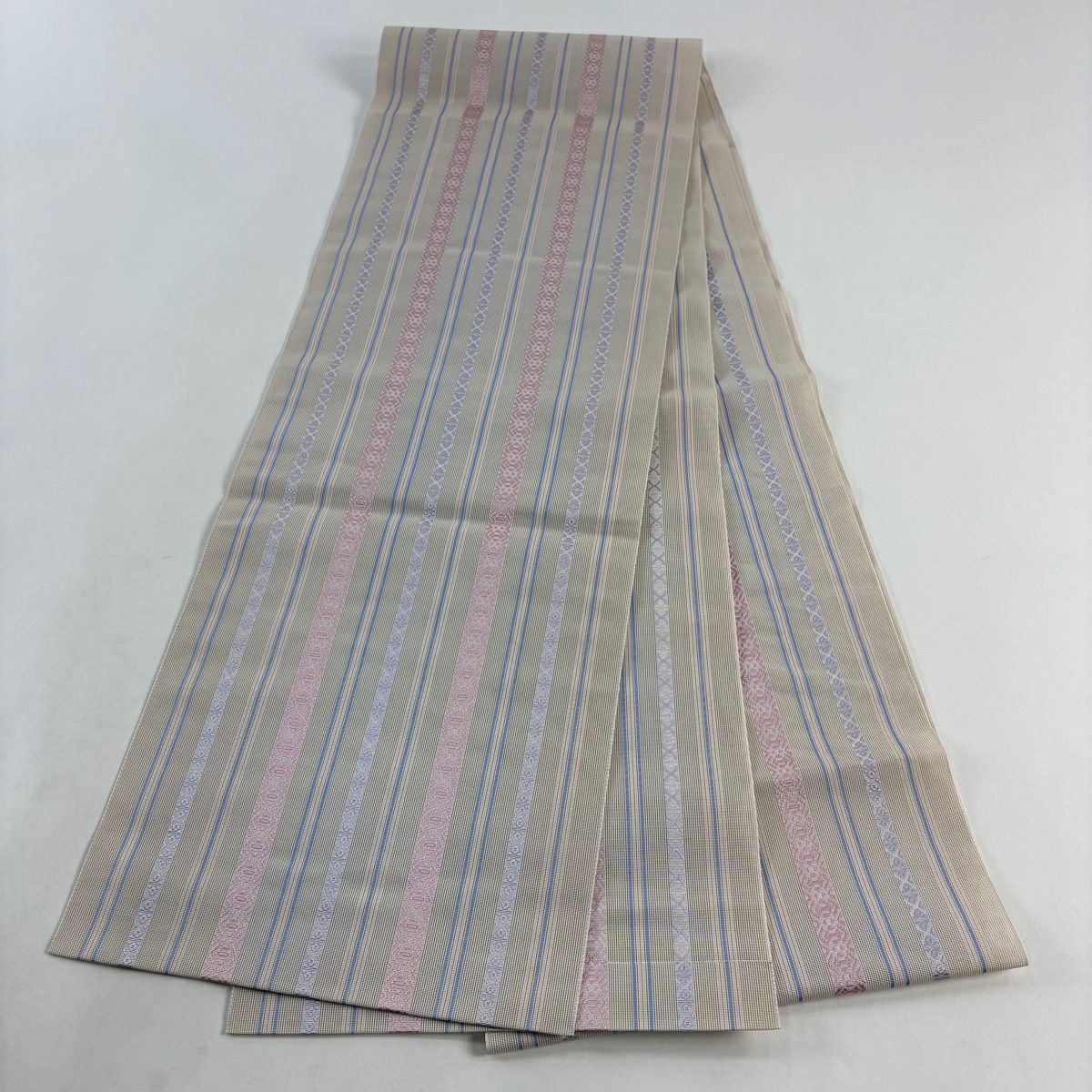 【美品】名古屋帶 逸品級 證書附 本場筑前博多織 夏帶 八寸名古屋帶 紗 献上紋 粉米色 純蠶絲