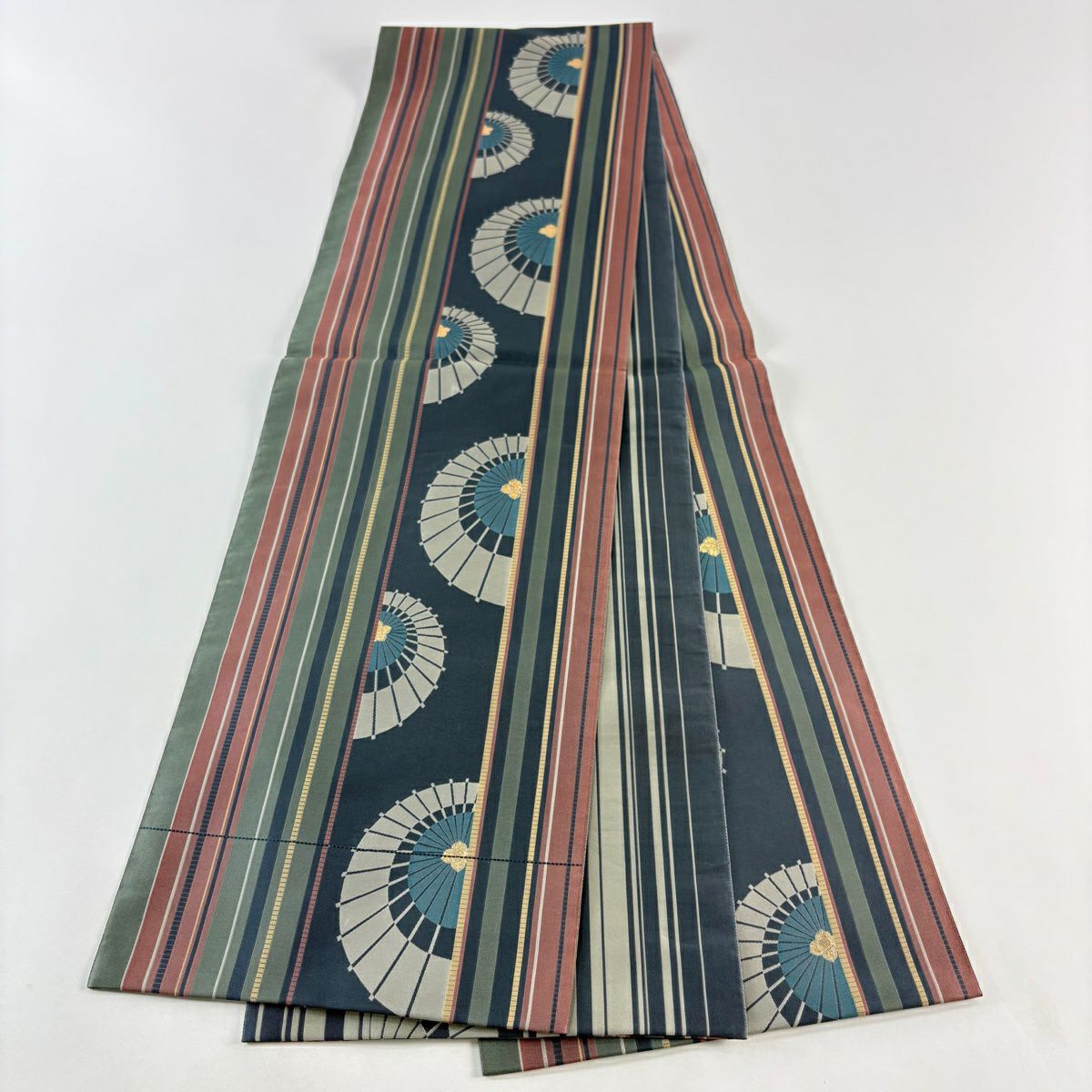 【美品】 袋帶 逸品級 落款あり 小森草木染工房 番傘 縞 金金箔 灰綠 全通 純蠶絲