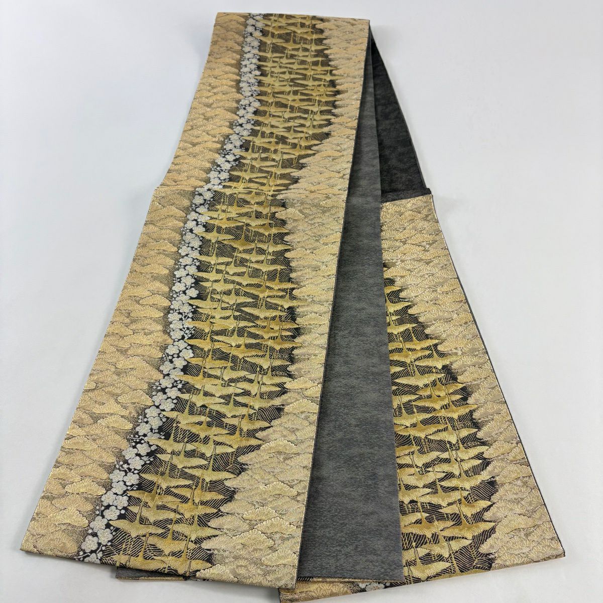 【美品】 袋帶 逸品級 有落款 篠屋宗兵衛 仙鶴 松樹梅花 金銀線 金金箔 金色 六通 純蠶絲
