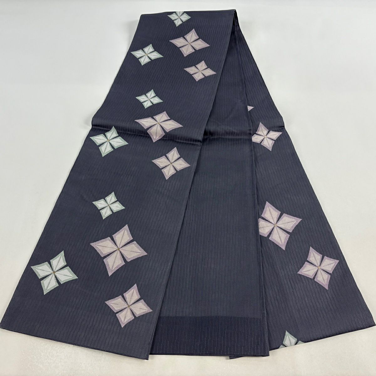 【美品】 袋帶 逸品級 夏帶 花菱 金絲 金金箔 青灰 深藍色 六通 純蠶絲