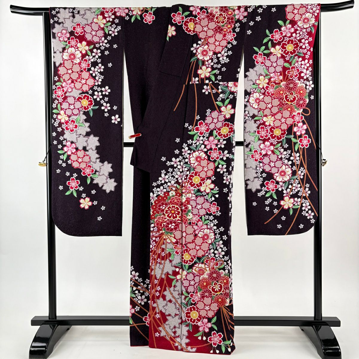 【美品】振袖禮服 身長164cm 袖長68cm L 雙層 藥玉 櫻花 金銀彩 漸層 茶紫 純蠶絲 逸品級