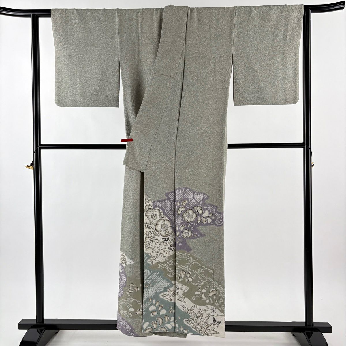 付下 身長155cm 袖長63.5cm S 雙層 大脇一心 有落款 辻花染 霞 灰綠 純蠶絲 逸品級 三つ紋