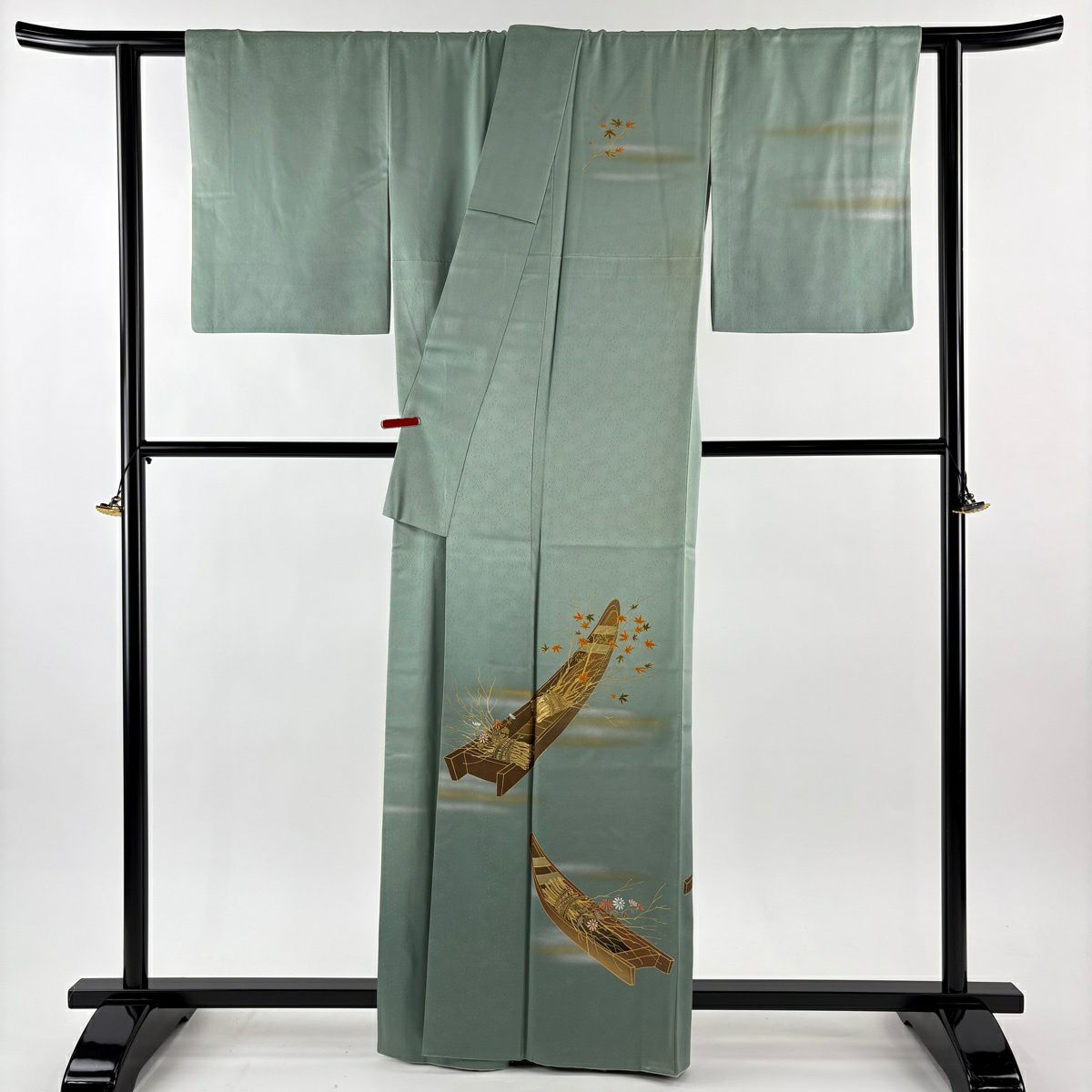 付下 身長162.5cm 袖長63cm S 雙層 人間國寶 福田喜重 落款 舟 草花紋 金銀彩 漸層 淺綠 純蠶絲 逸品級