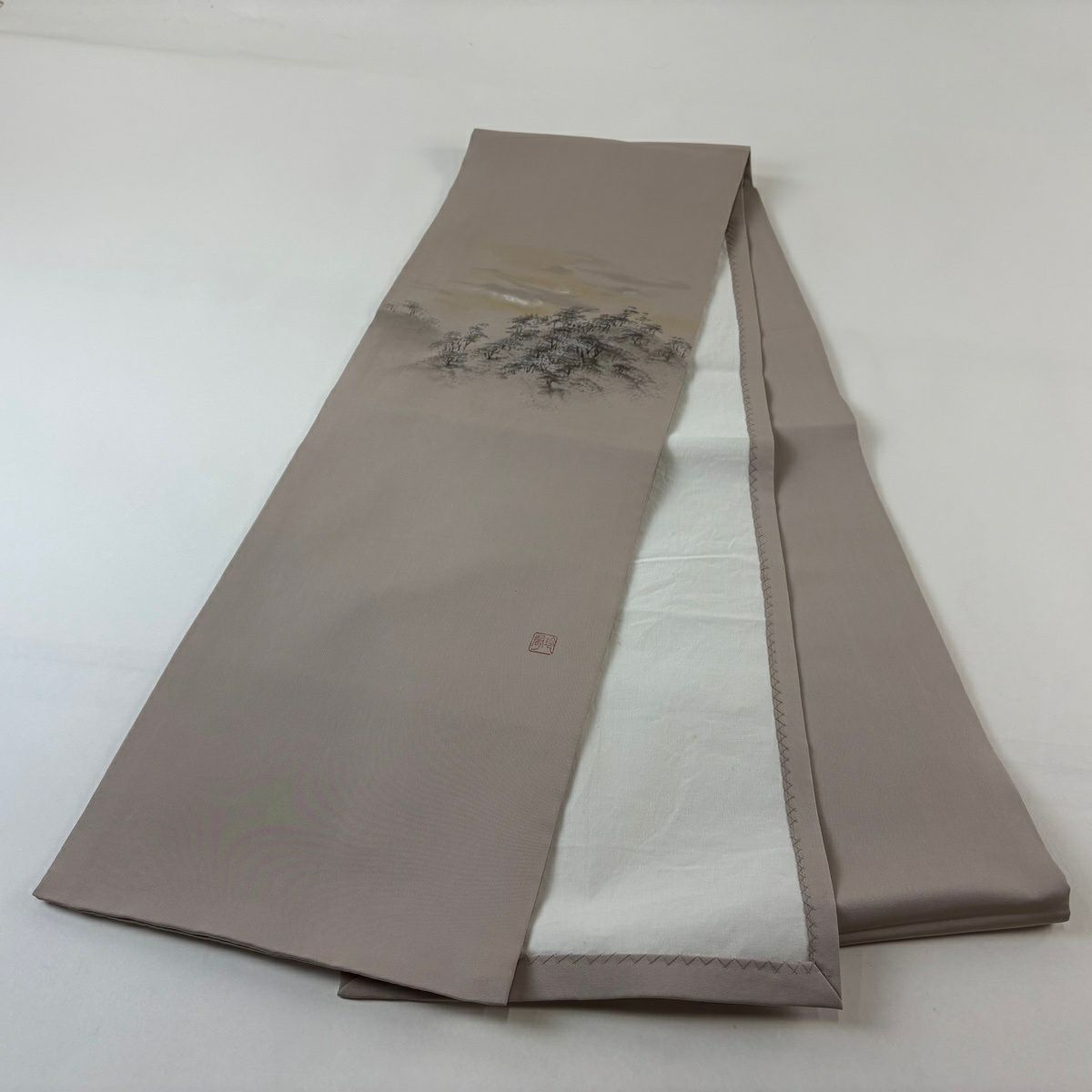 開口名古屋帶 優品級 附有落款 樹木 霞 薄小豆 純蠶絲
