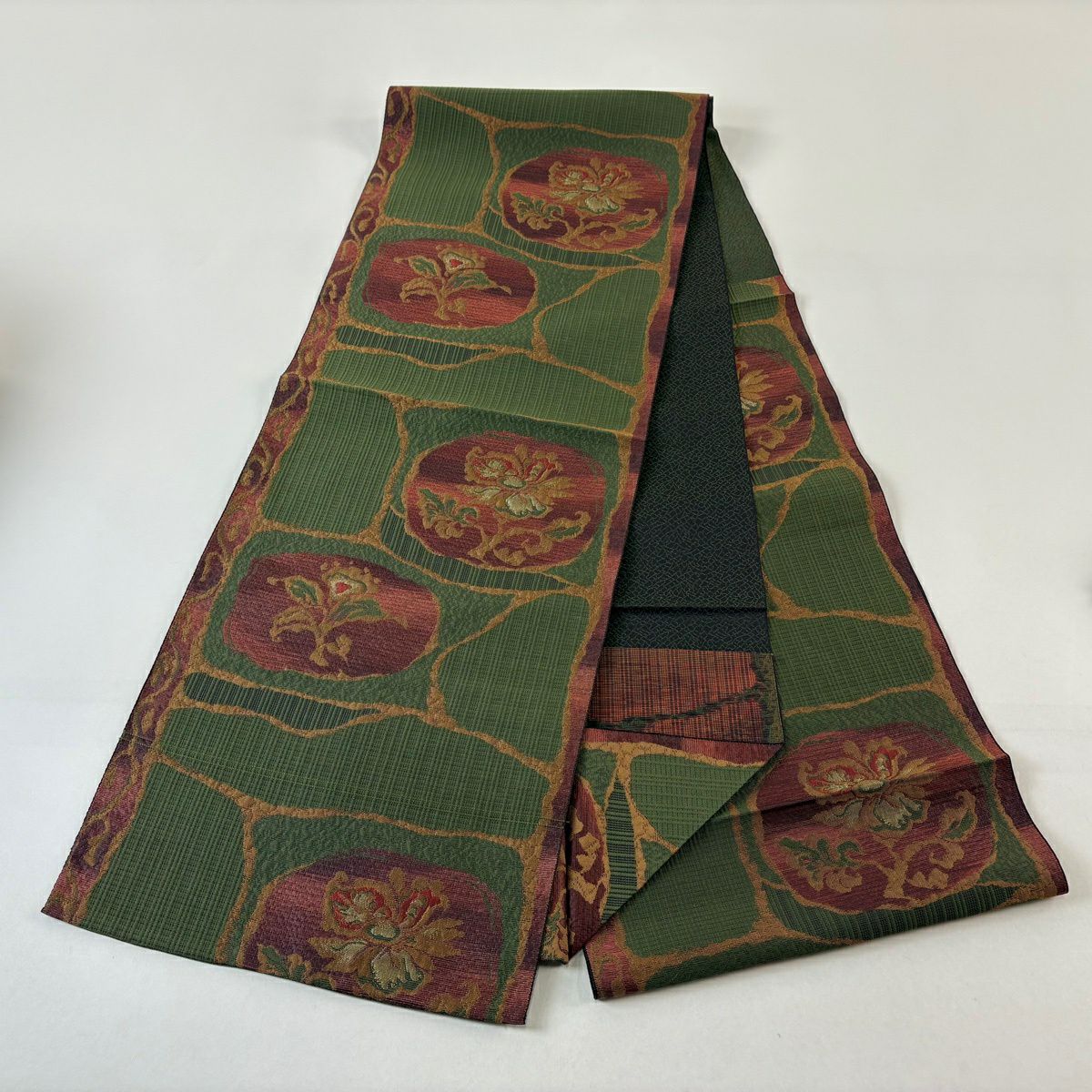 【美品】 名古屋帶 優品級 綠 純蠶絲
