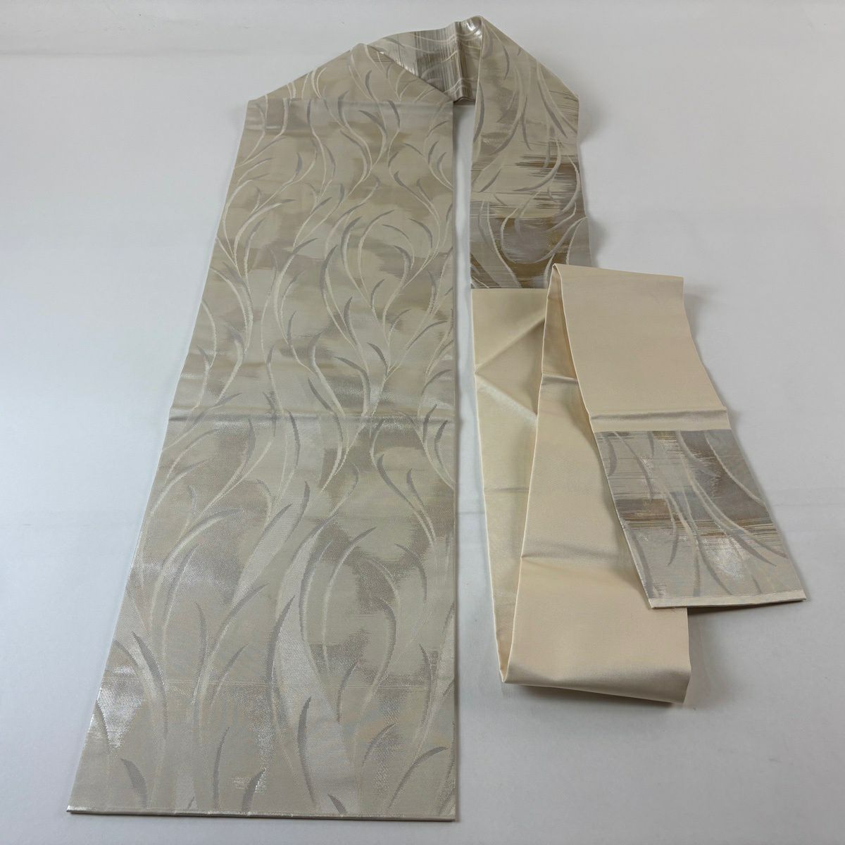 名古屋帶 優品級 葉 金金箔 灰白 純蠶絲