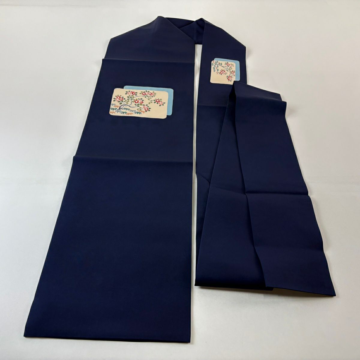 【美品】名古屋帶 優品級 椿 草花紋紋 深藍 純蠶絲