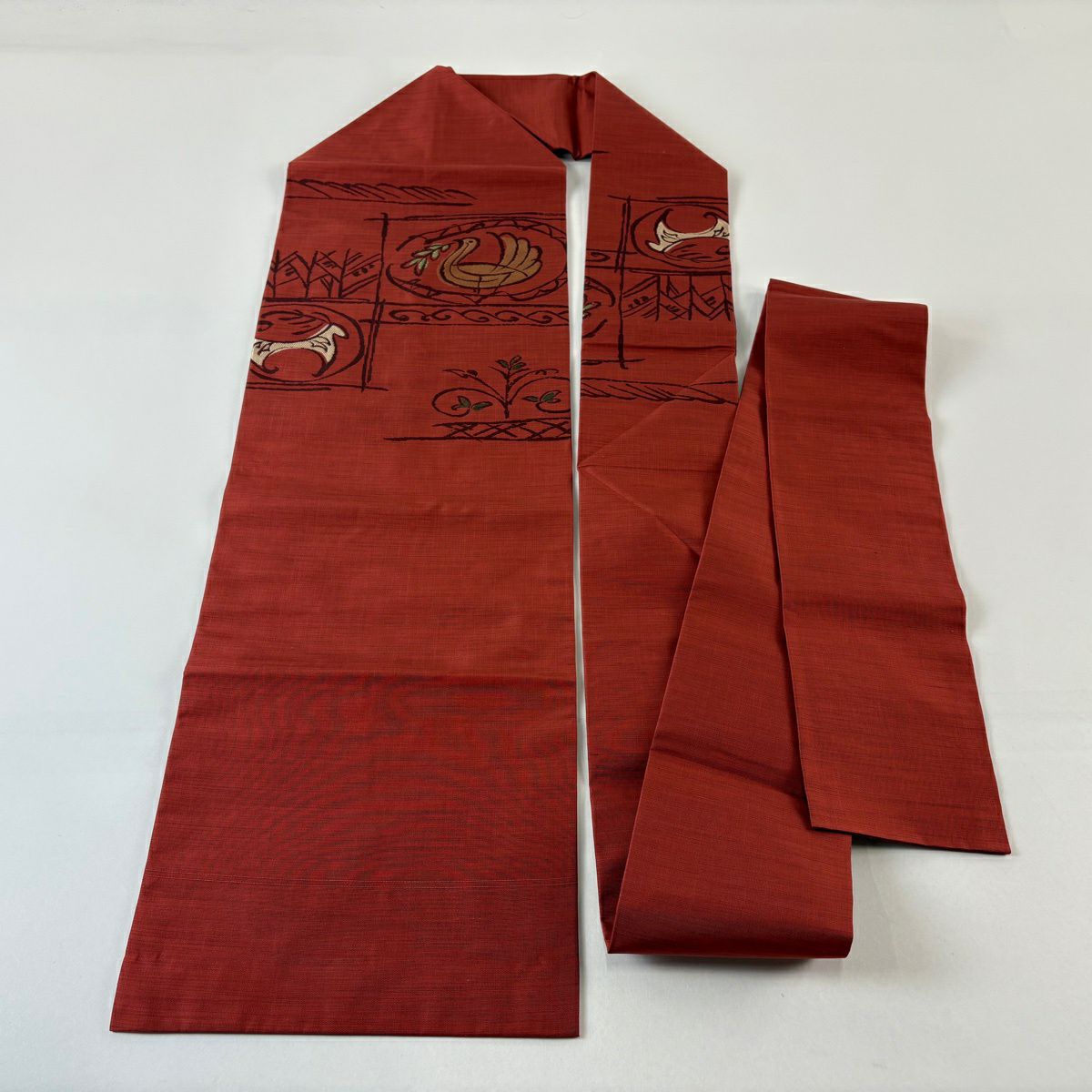 【美品】 名古屋帶 優品級 鳥 葉 紅茶 純蠶絲