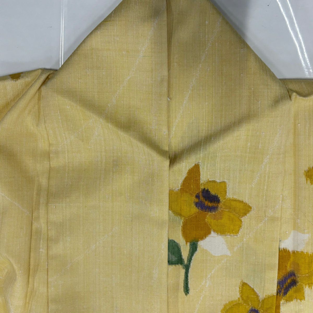 【美品】 紬織 身長160cm 袖長62.5cm S 雙層 花紋 黃色 純蠶絲 優品級