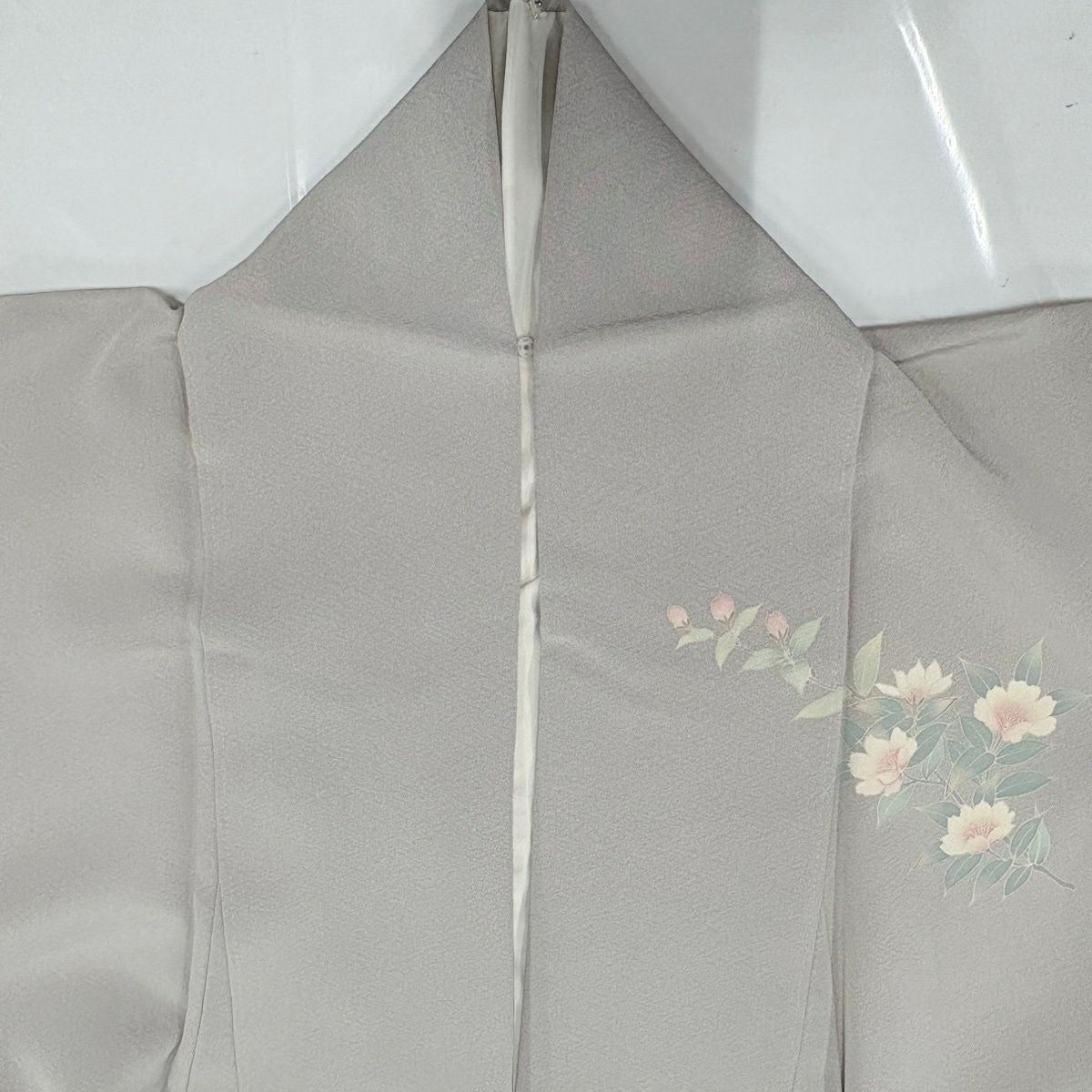 訪問服 身長161.5cm 袖長64cm M 雙層 落款あり 草花紋紋 灰 純蠶絲 秀品級 一つ紋