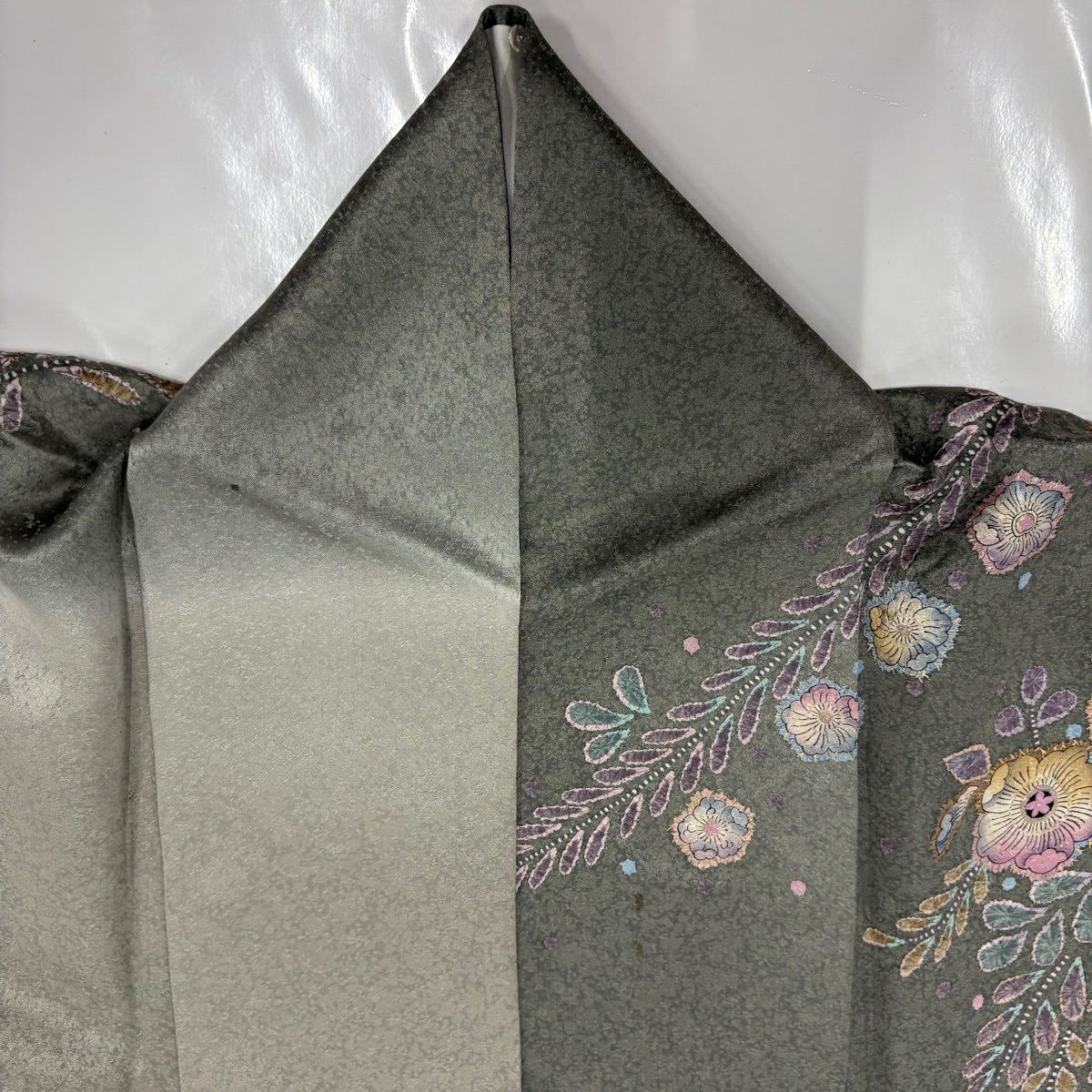 訪問服 身長163.5cm 袖長66cm M 雙層 辻花染 金彩裝飾 漸層 灰綠 純蠶絲 名品級