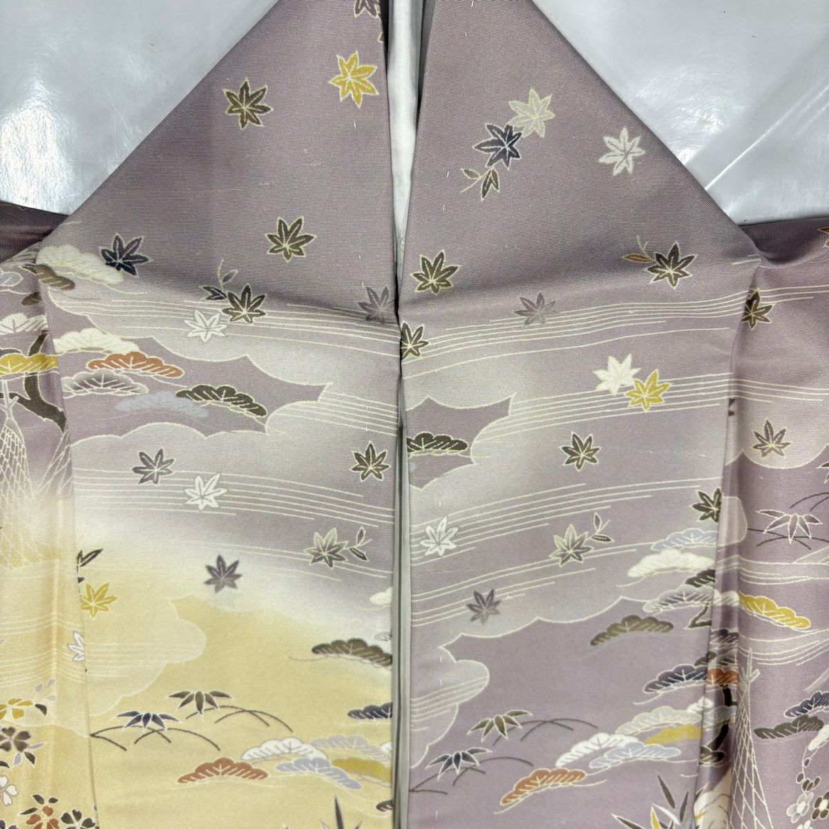 訪問服 身長155.5cm 袖長64cm M 雙層 紬織織 松樹竹子梅花 家屋 灰紫 純蠶絲 名品級