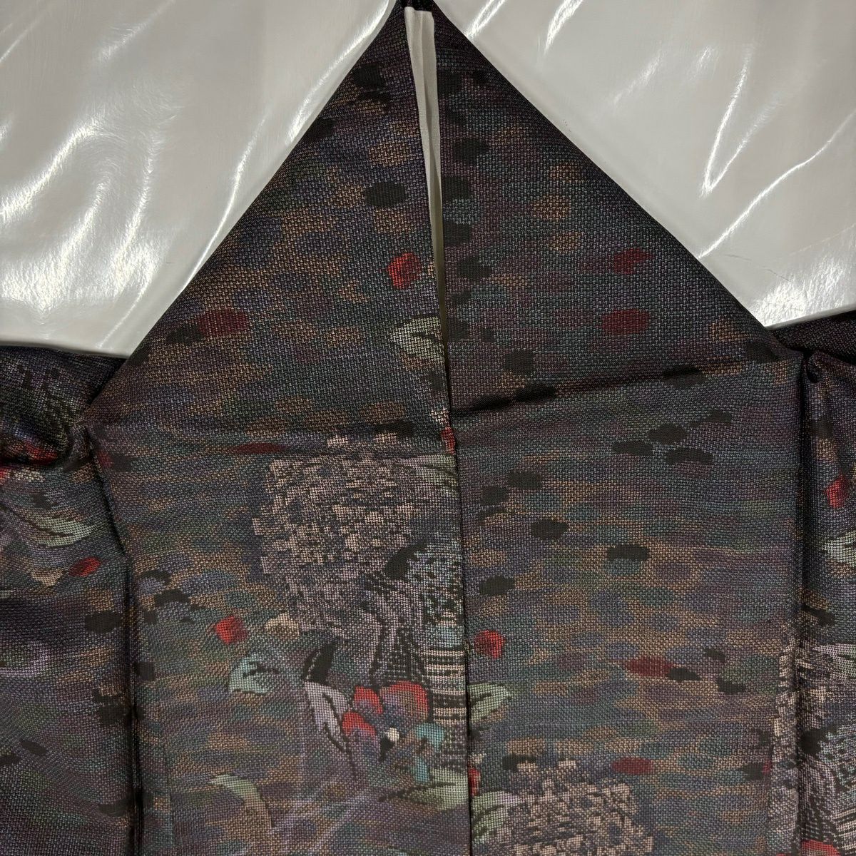 【美品】 紬織 身長162cm 袖長66cm M 雙層 建物 草花紋紋 茶紫 純蠶絲 名品級