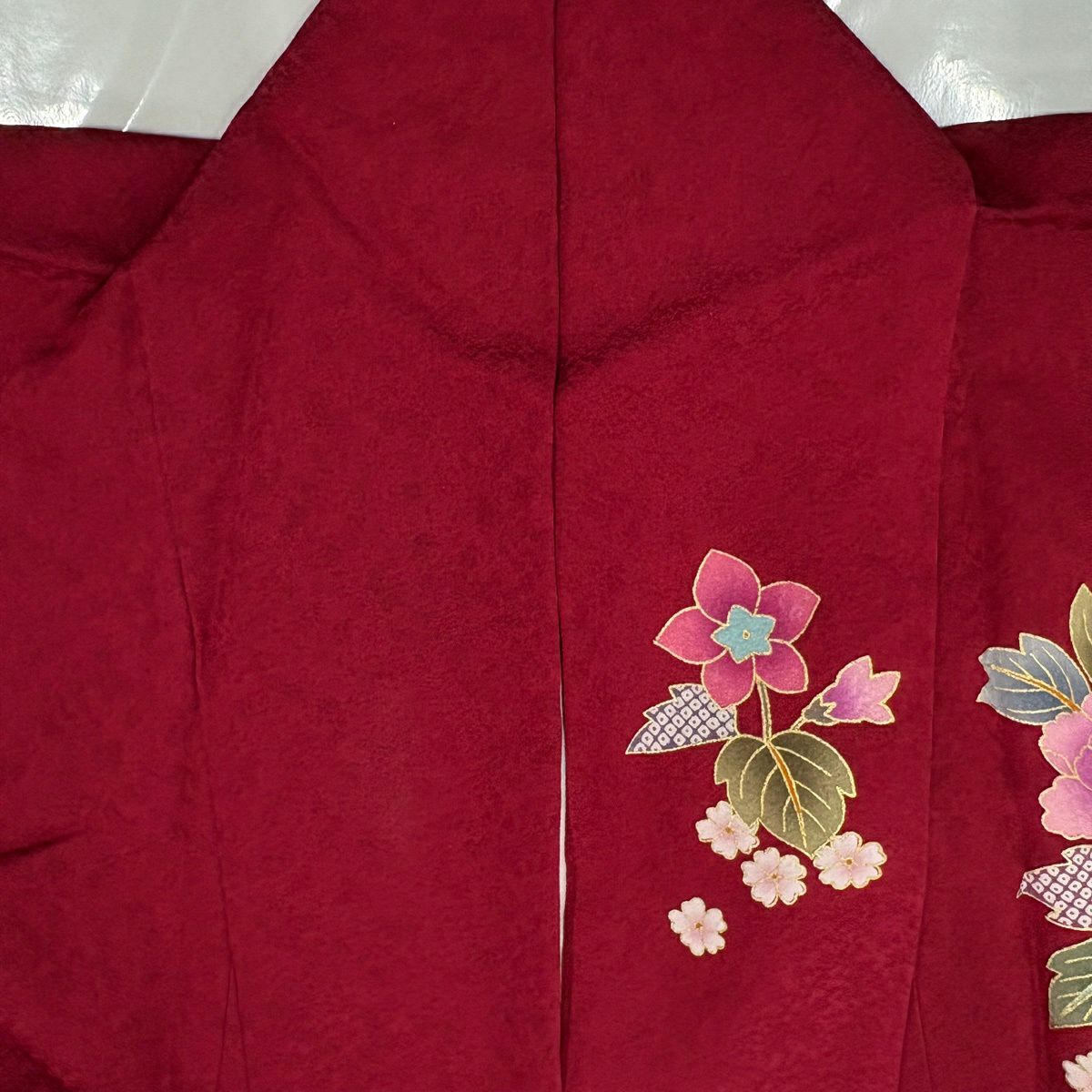 振袖禮服 身長159.5cm 袖長67cm M 雙層 草花紋紋 花瓣 金絲 金銀彩 紅 純蠶絲 名品級