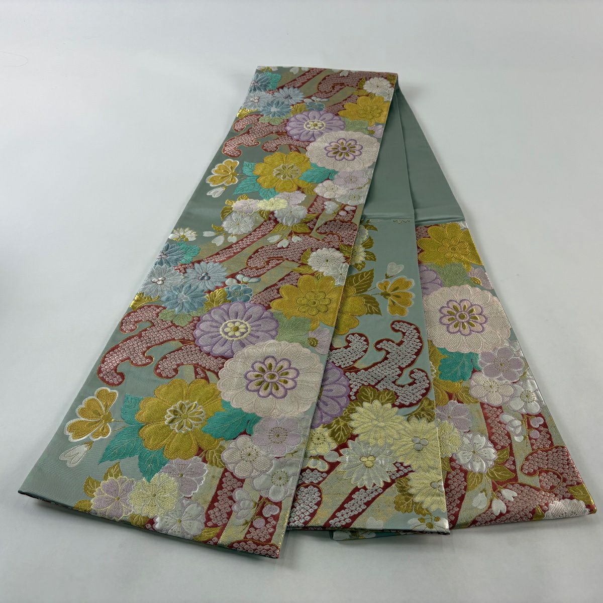 袋帶 秀品級 菊花 波頭 金絲 刺繡 灰綠 六通 純蠶絲