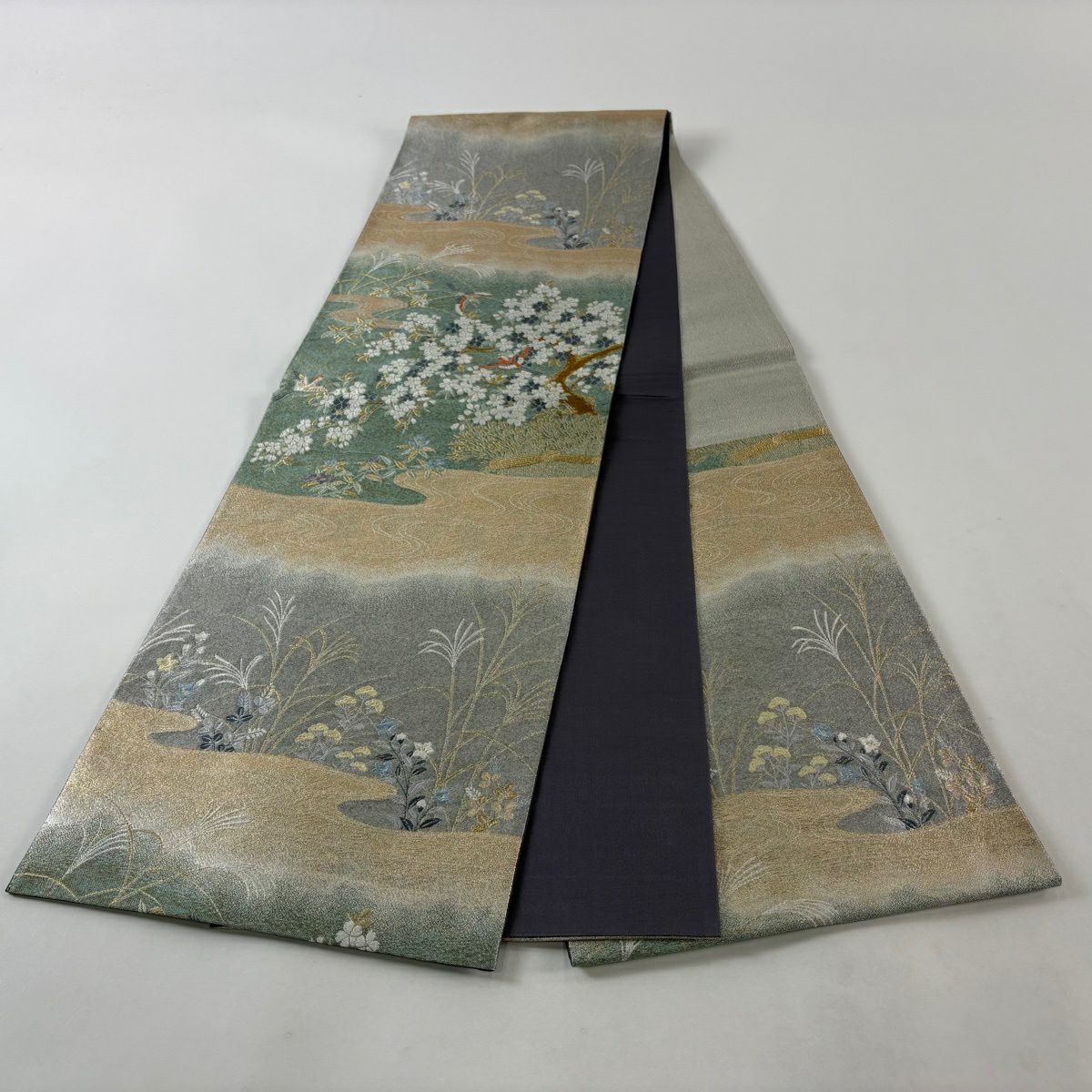 【美品】 袋帶 秀品級 桃山香櫻花紋 花鳥 金絲 金金箔 淺綠 六通 純蠶絲