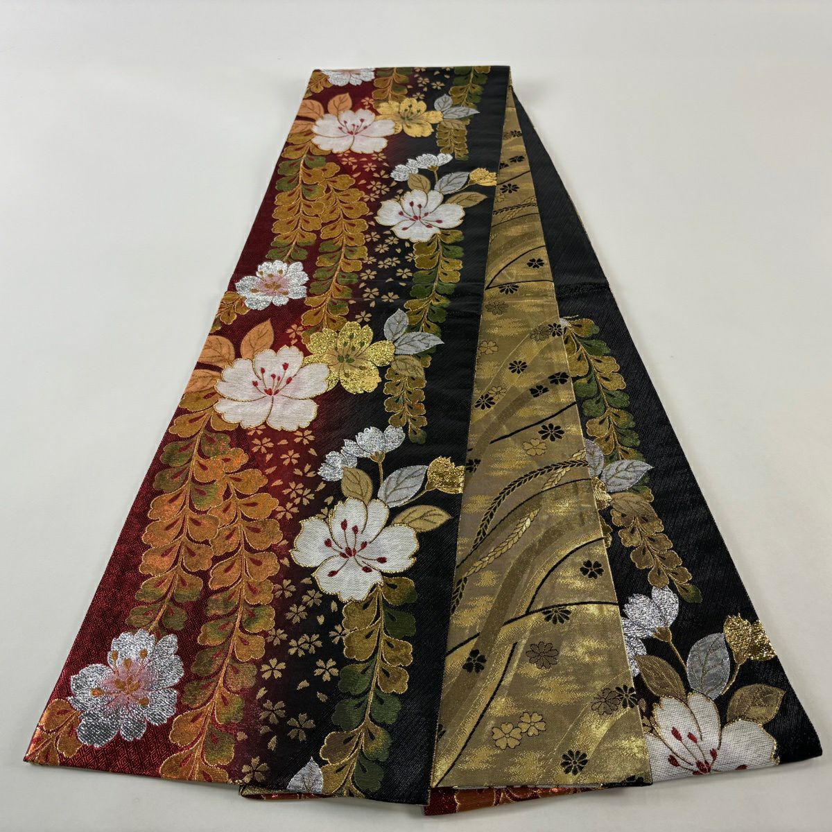 袋帶 優品級 振袖禮服禮服用 櫻花 入子菱 金金箔 金絲 紅 六通 純蠶絲