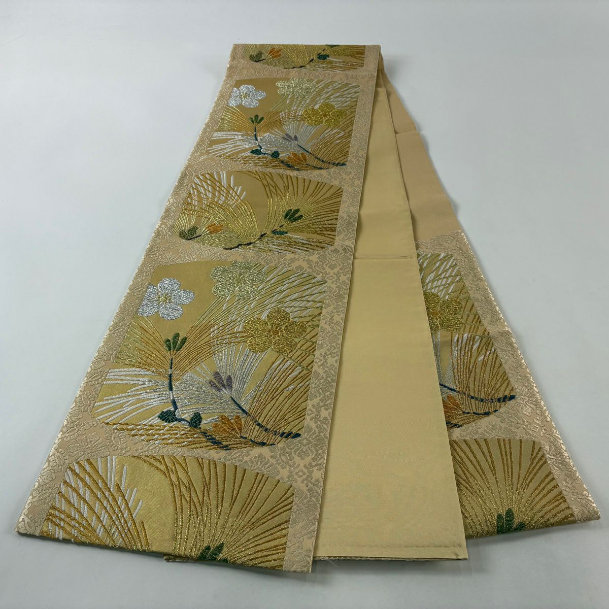 袋帶 秀品級 鈴乃屋 松樹梅花鉢文 花菱 金銀糸 唐織 淺茶 六通 純蠶絲