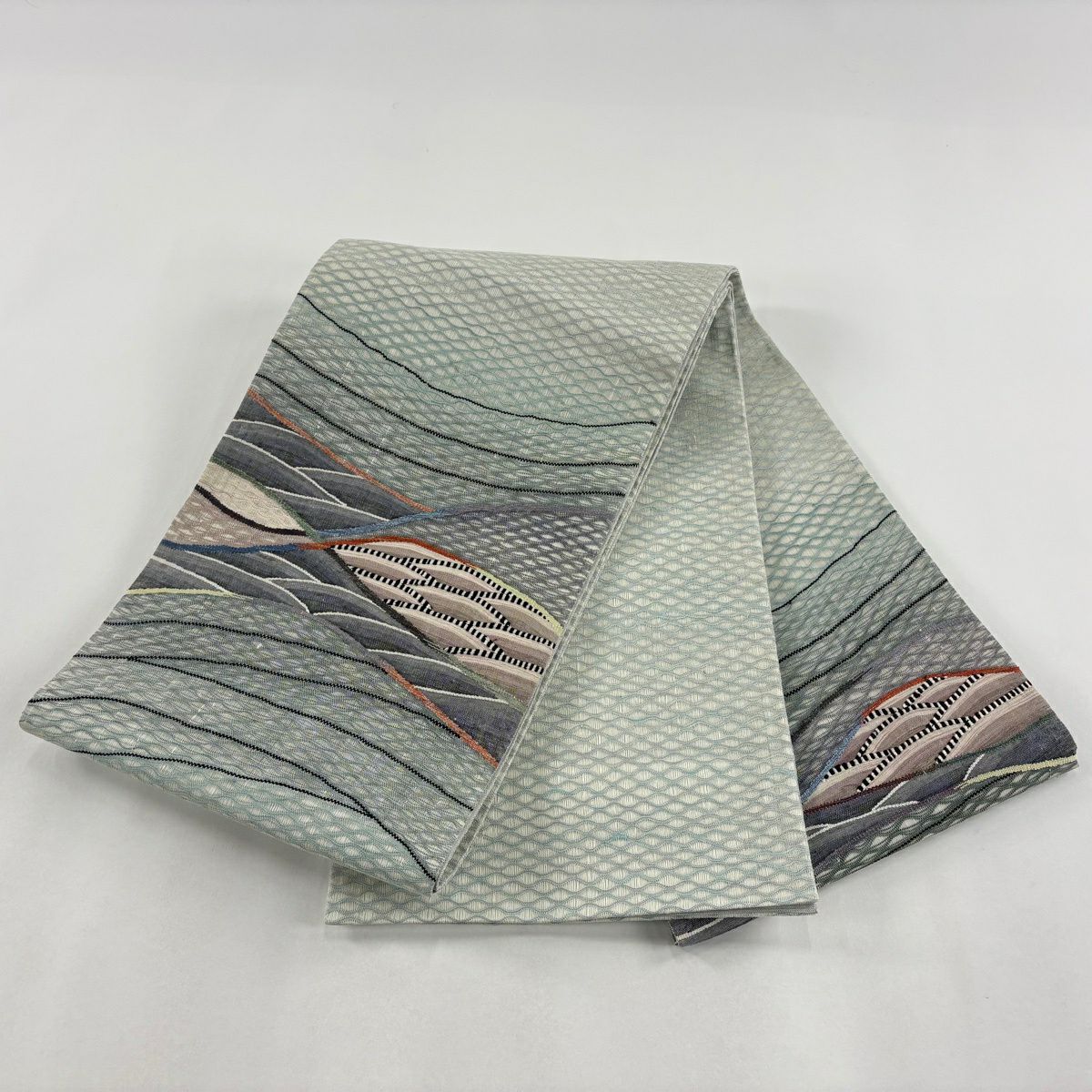 【美品】 袋帶 秀品級 波紋 斜條刺繡 灰綠色 大鼓圖案 純蠶絲