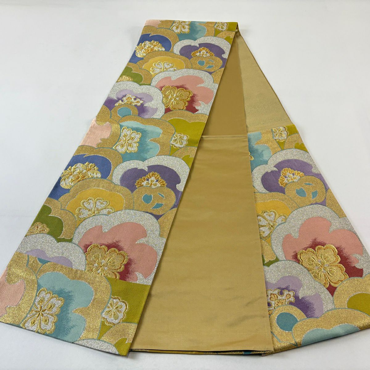 【美品】 袋帶 秀品級 華紋 花 金銀彩 山吹 深黃 六通 純蠶絲