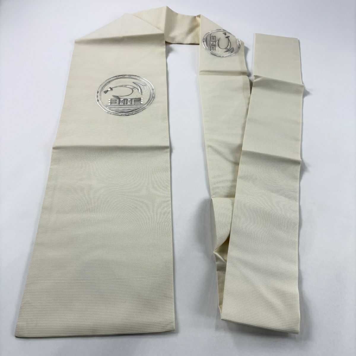 名古屋帶 秀品級 夏帶 絽 圓文 幾何圖案 刺繡 銀線 米色 純蠶絲