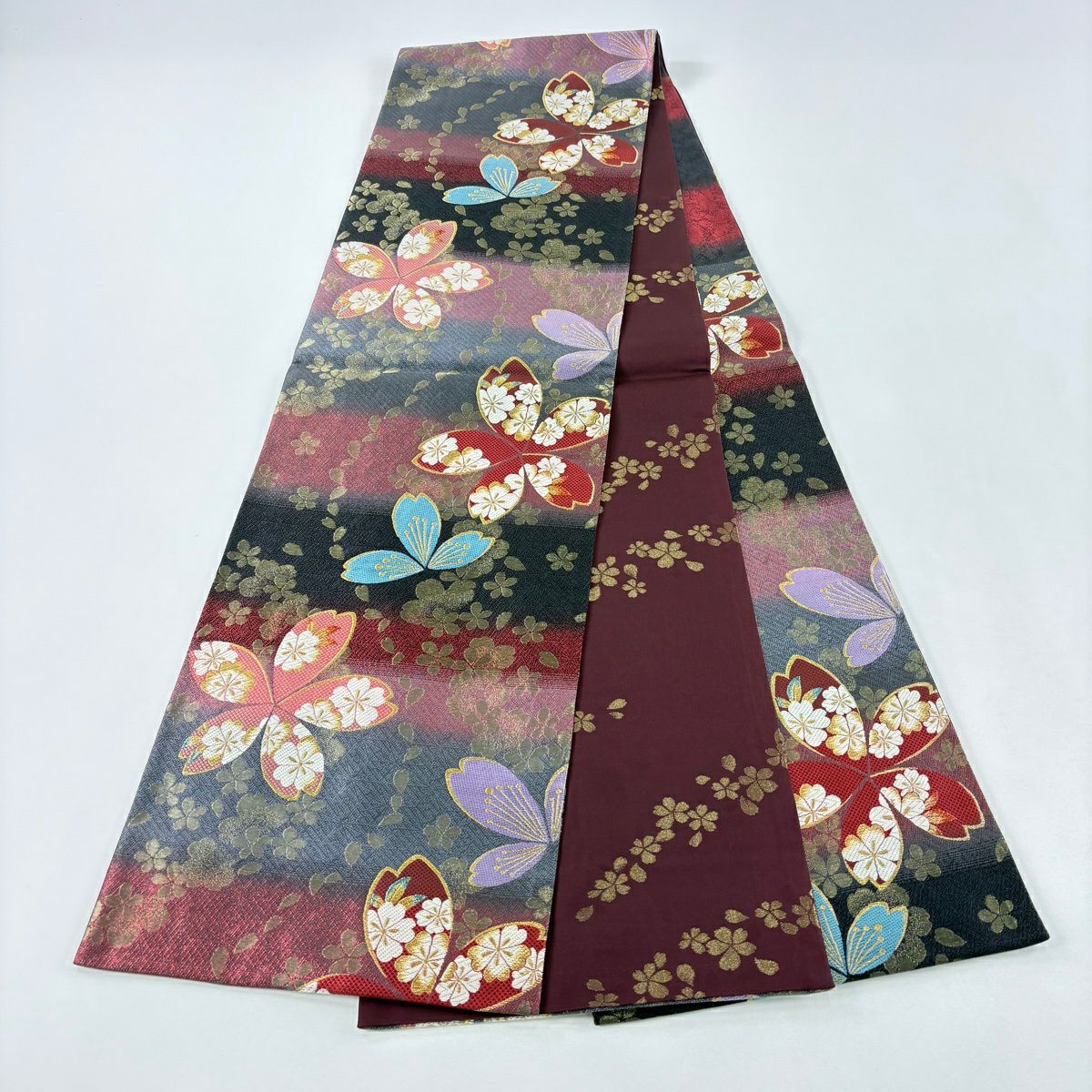 【美品】 袋帶 秀品級櫻花麻葉刺繡金線深紅色六通純蠶絲