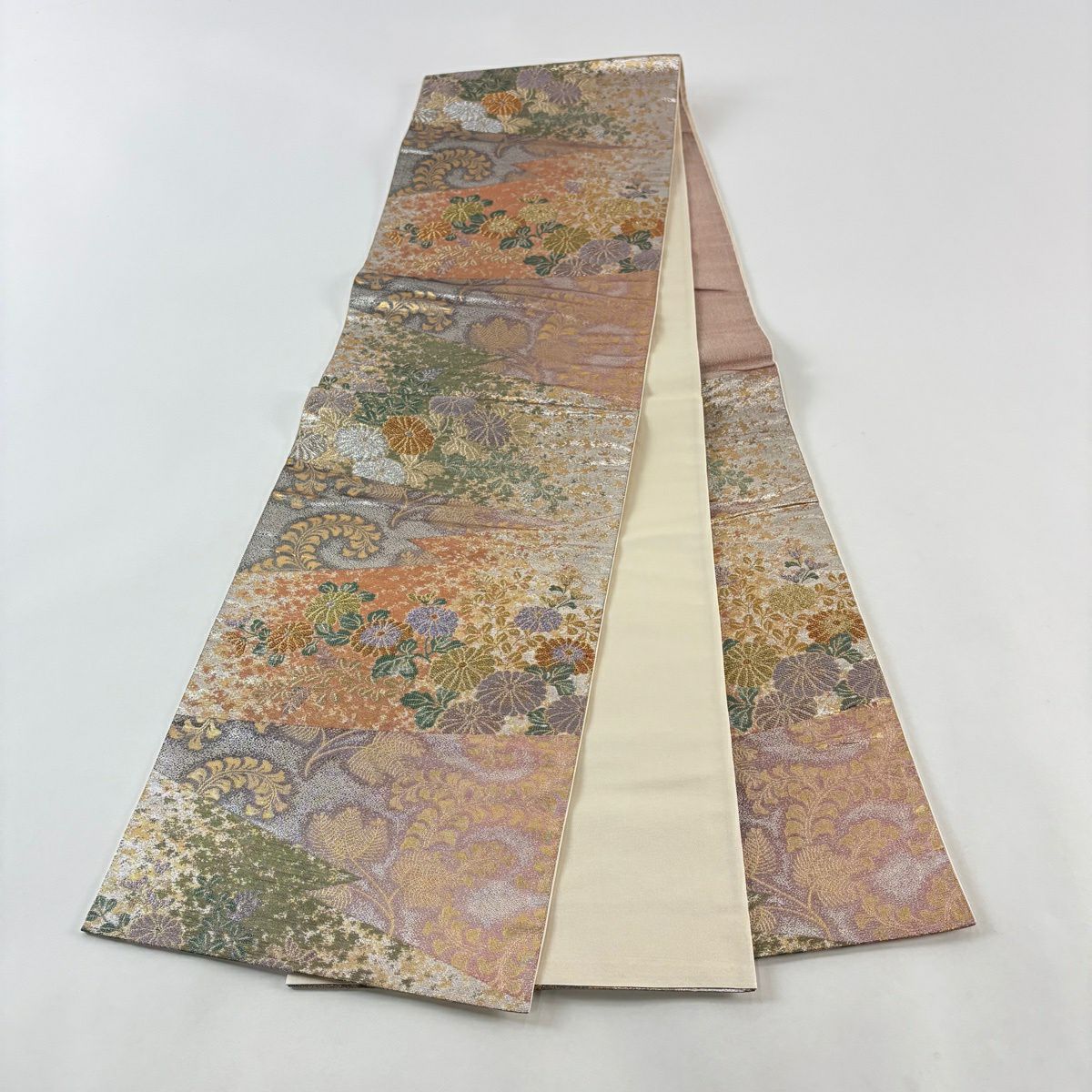袋帶 秀品級 菊花花 若松樹 金銀絲 金金箔 淺紫 六通 純蠶絲