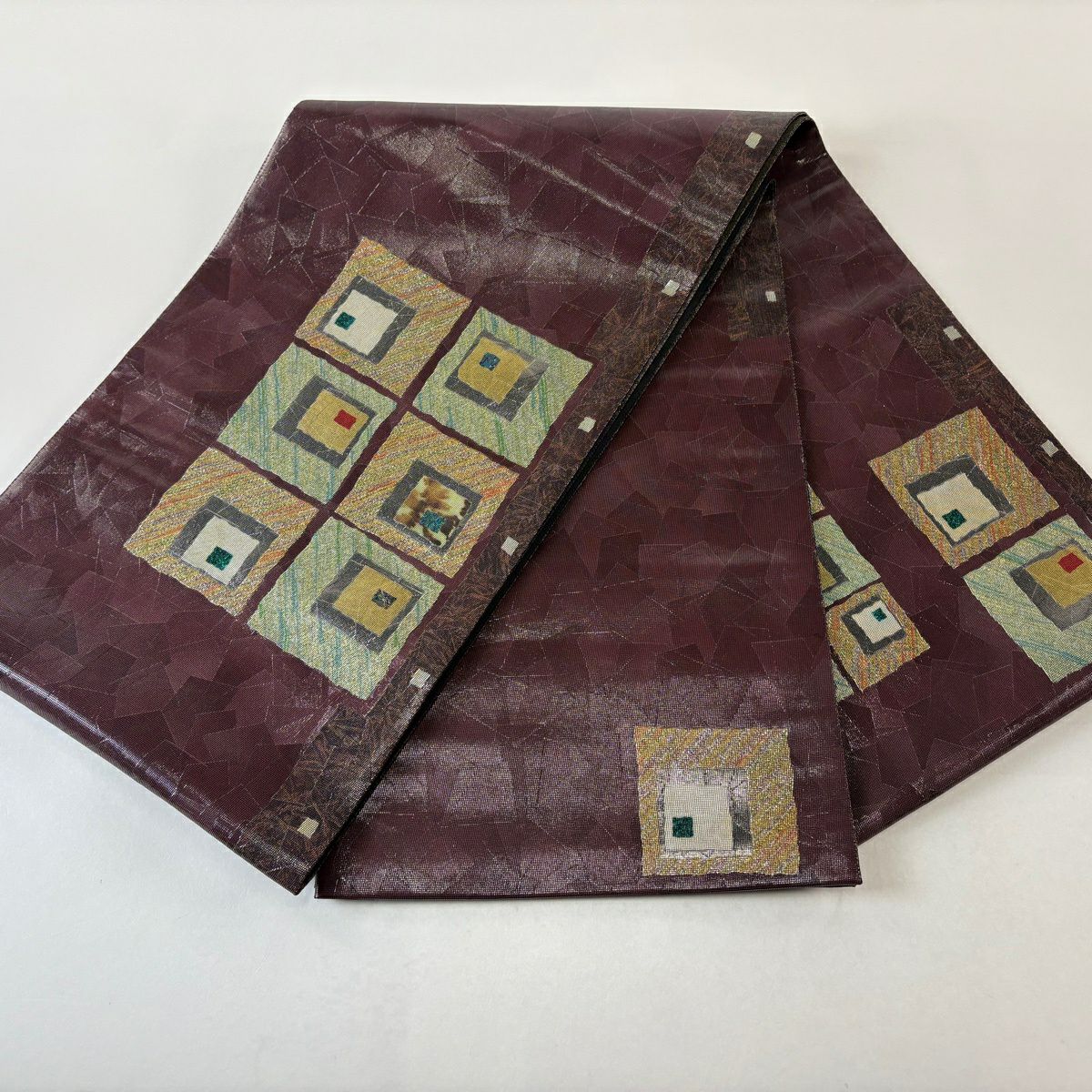 【美品】 袋帶 秀品級 幾何學 金金箔 紅紫 お太鼓圖案 純蠶絲