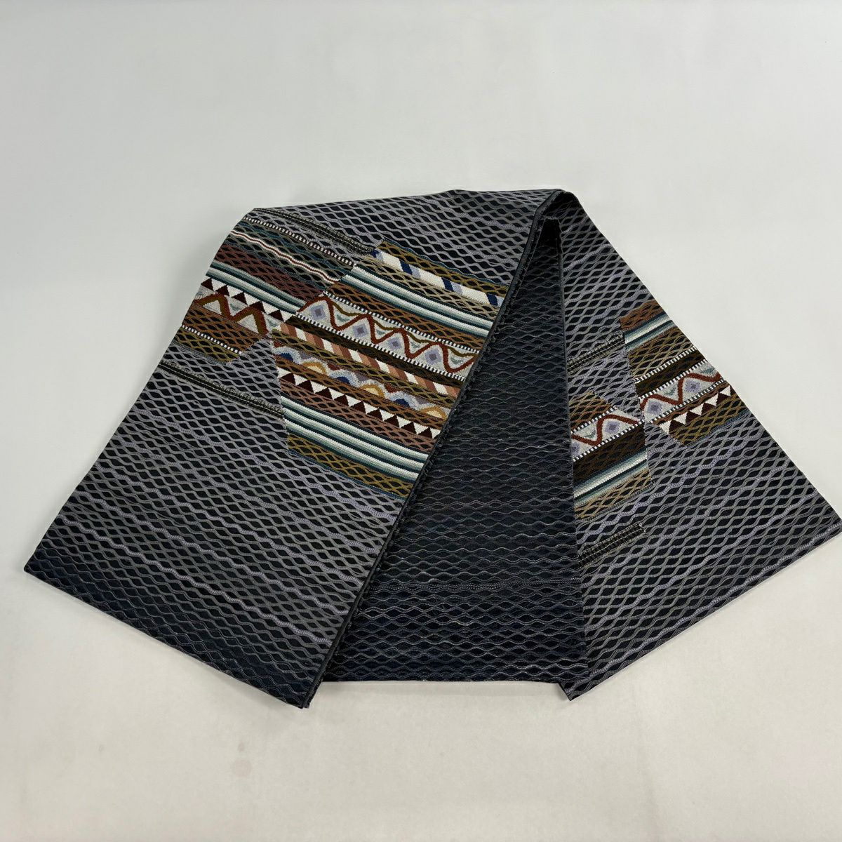 【美品】 袋帶 秀品級 幾何圖案 金銀線 墨色 大鼓圖案 純蠶絲