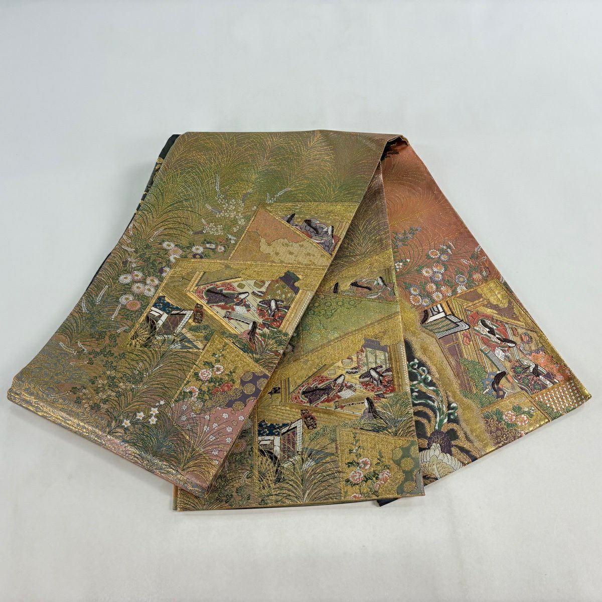【美品】 袋帶 秀品級 屏風 草花紋紋 金金箔 金純蠶絲
