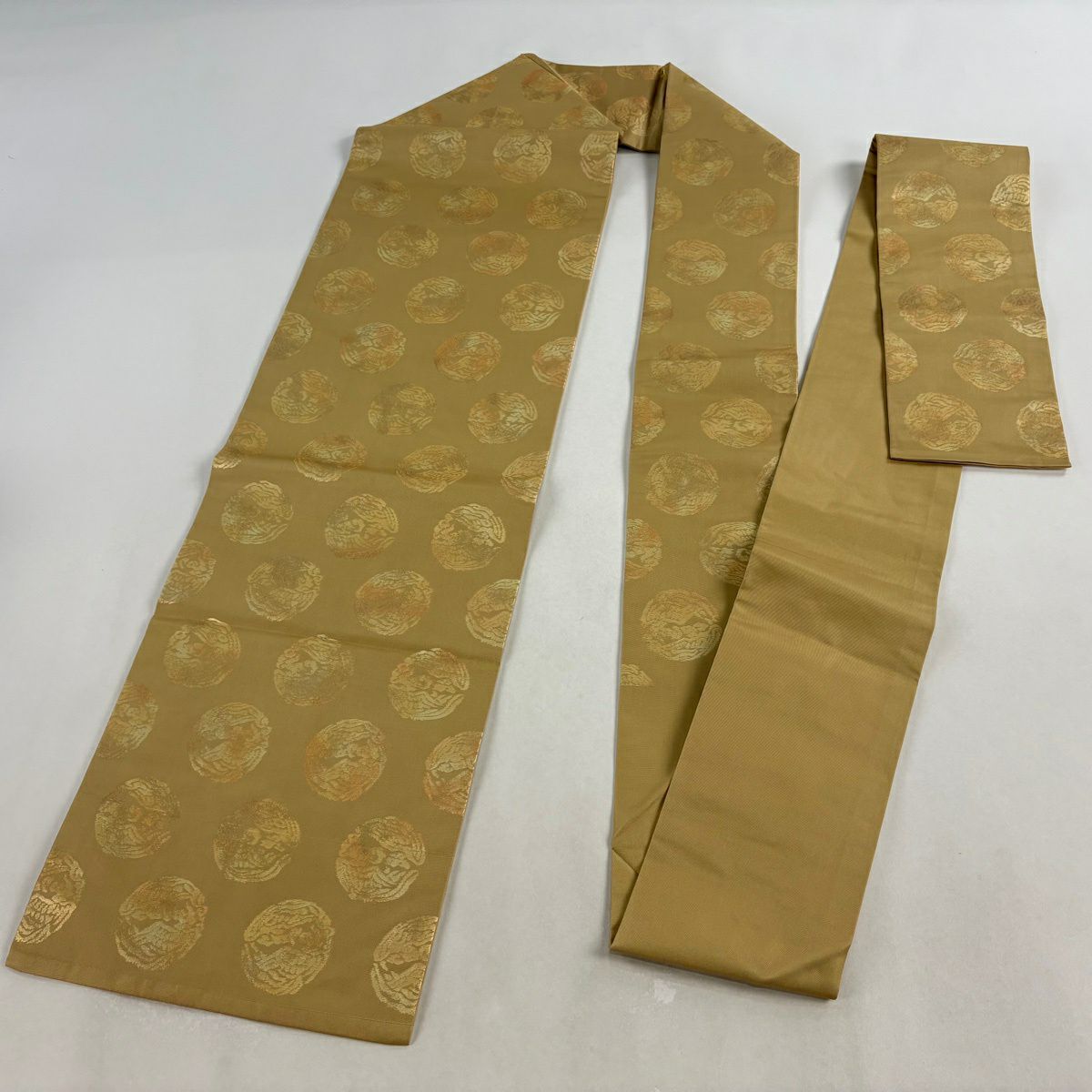 【美品】 名古屋帶 秀品級 關西仕立 向鳥 金金箔 淺黃土 純蠶絲