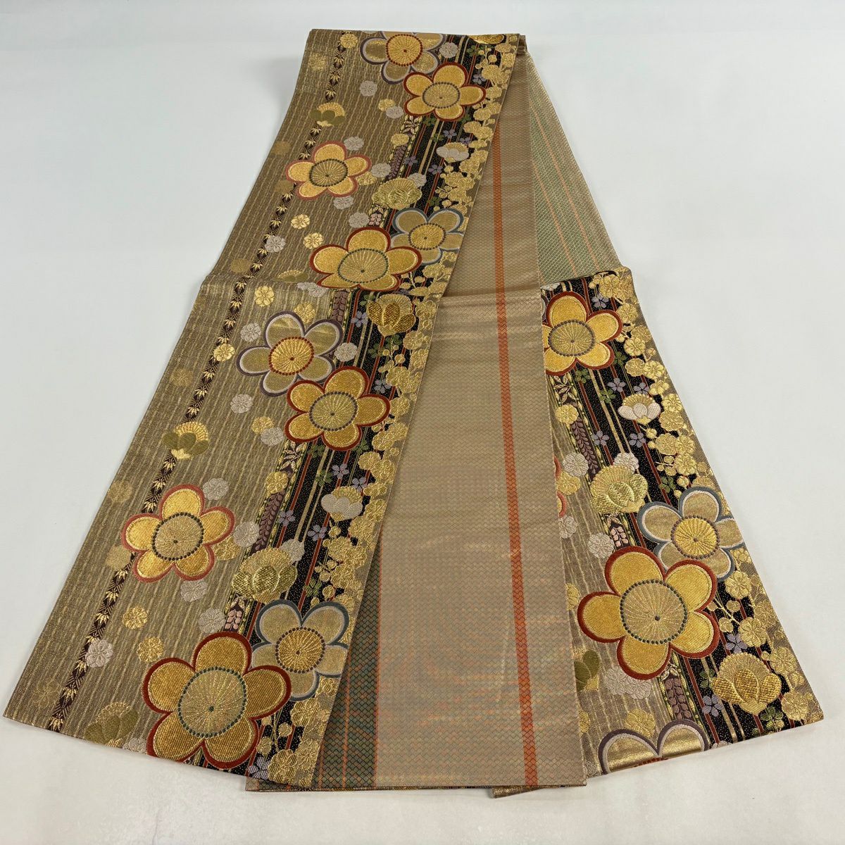 【美品】 袋帶 秀品級 梅花 縞 金糸 金金箔 薄茶 深藍 六通 純蠶絲