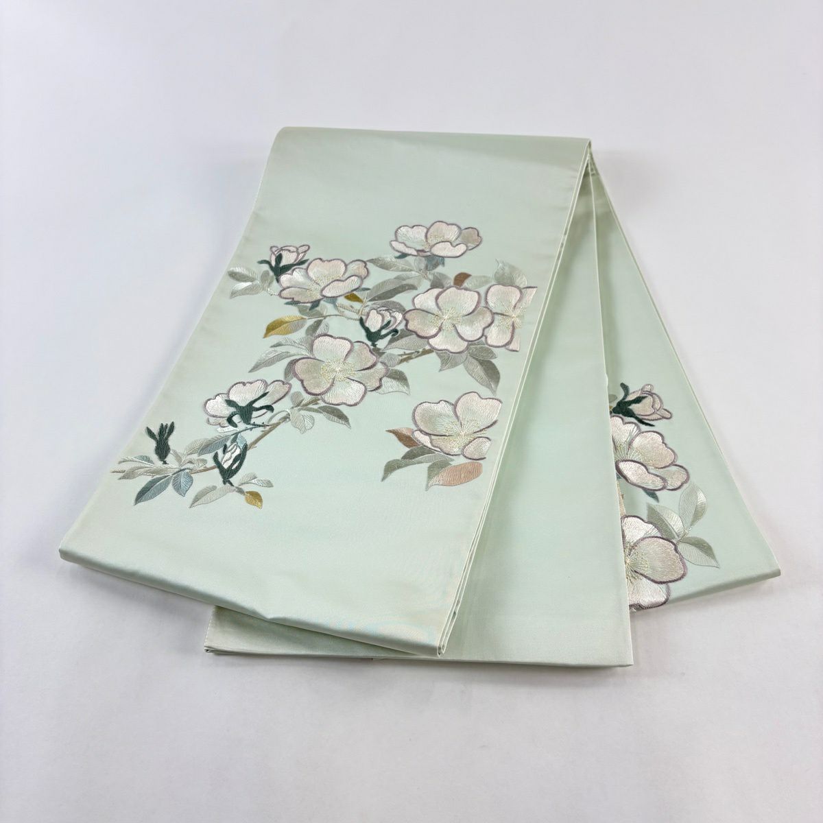 袋帶 秀品級 枝花 刺繡 淺綠 お太鼓圖案 純蠶絲