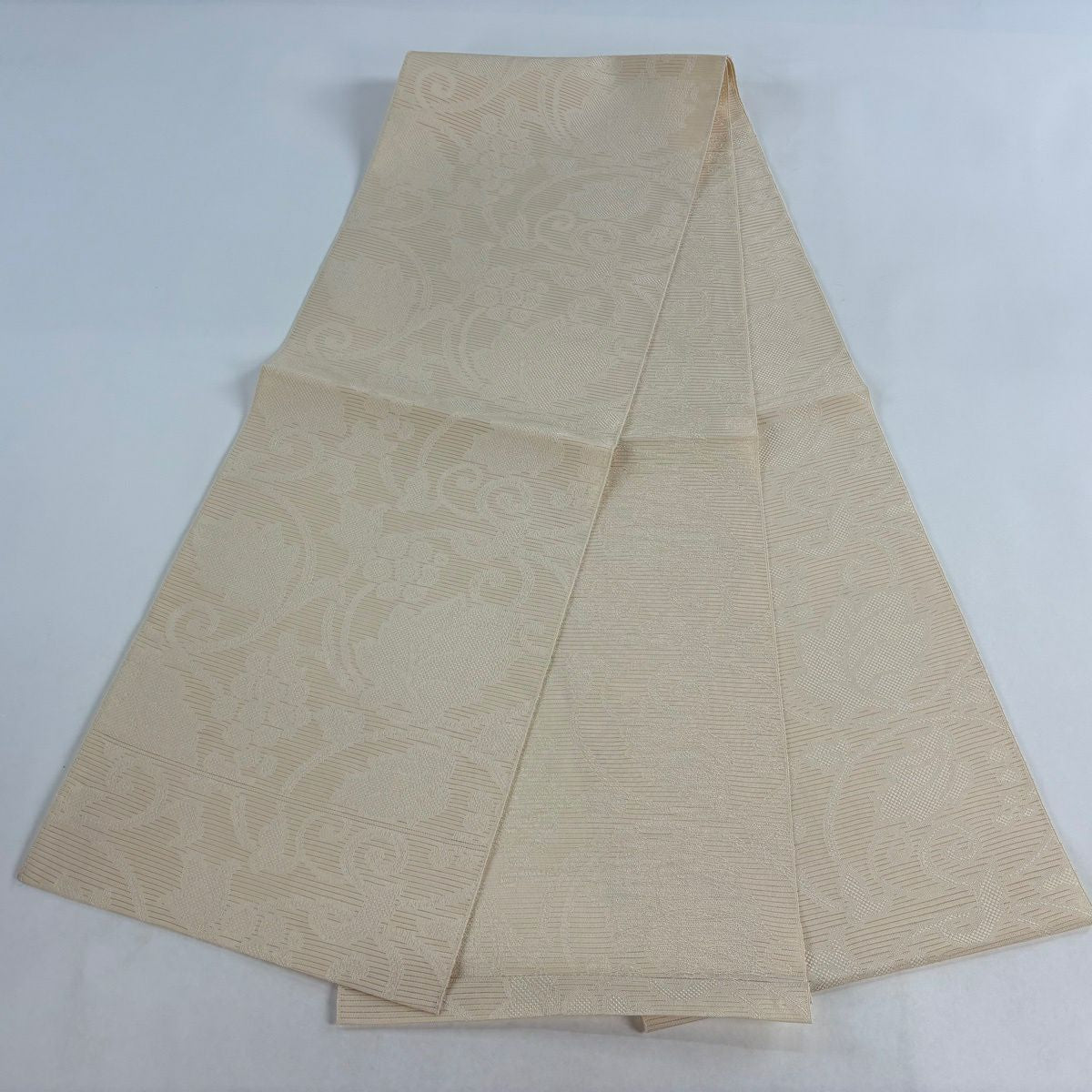 【美品】名古屋帶 名品級 夏帶 絽 八寸名古屋帶 葡萄唐草紋 米色 純蠶絲