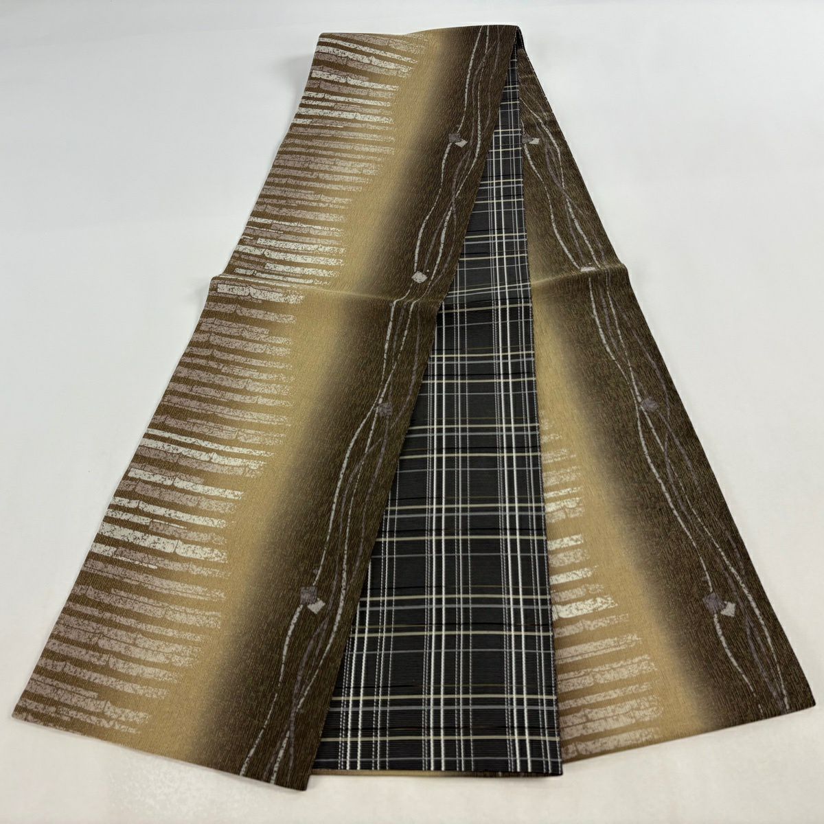 【美品】 袋帶 名品級 幾何學 金絲 黃土 深色 全通 純蠶絲