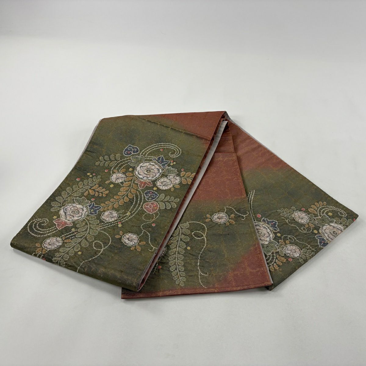 【美品】 袋帶 名品級 關西仕立 辻花染 幾何圖案 金金箔 銀線 茶綠 お太鼓圖案 純蠶絲