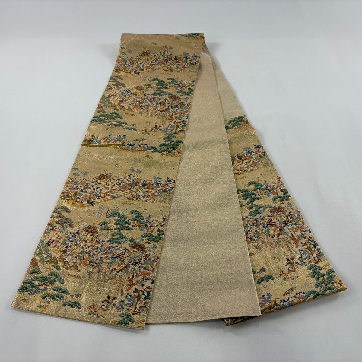 【美品】 袋帶 名品級 落款あり 日吉山王祭 金絲 金金箔 金色 六通 純蠶絲