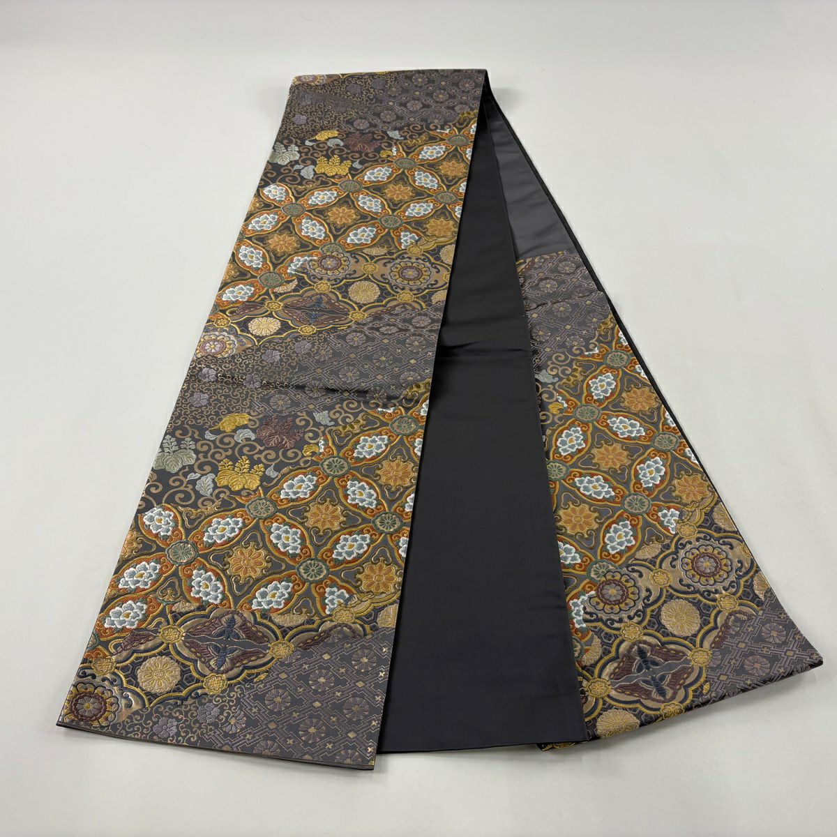 【美品】 袋帶 名品級 證書齊全 關西仕立 七寶 華紋 金絲 金金箔 灰紫 六通 純蠶絲