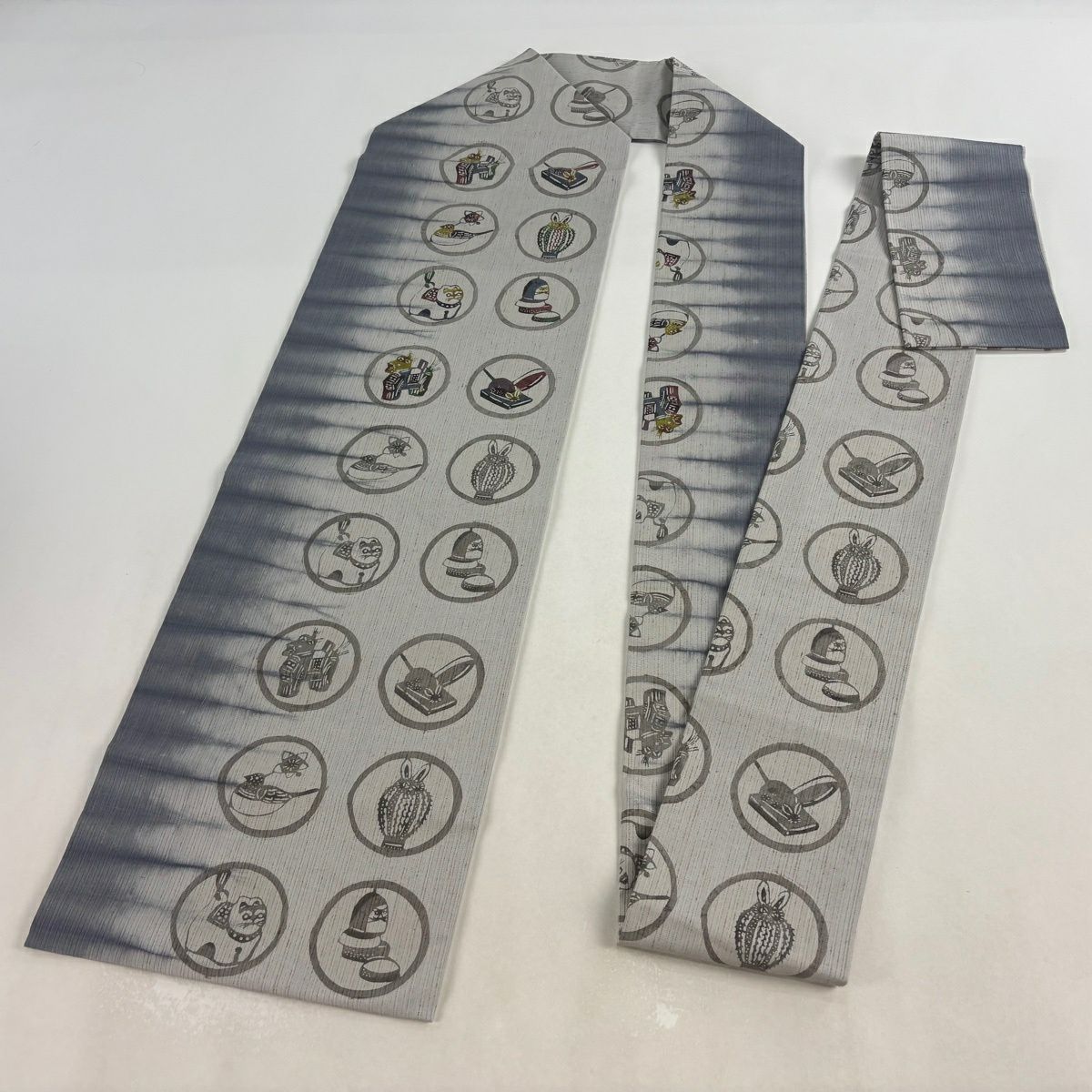 【美品】名古屋帶 名品級 紬織織 圓文 玩具 漸層 青灰色 純蠶絲