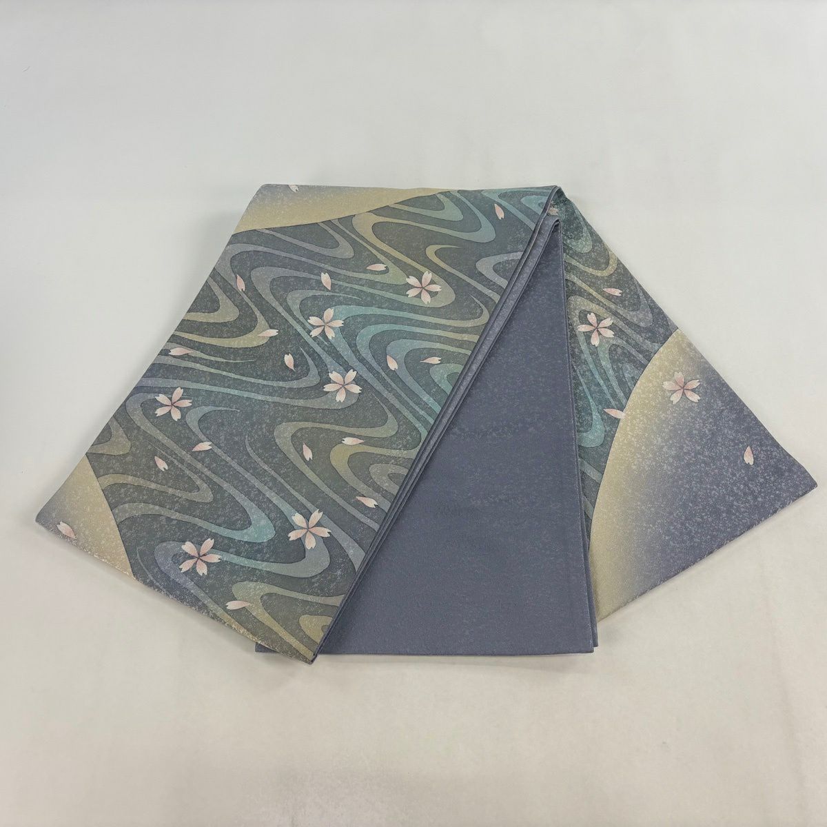 【美品】 袋帶 名品級 落款あり 樱花 流水 銀線 漸層 青灰 深藍色 正蠶絲