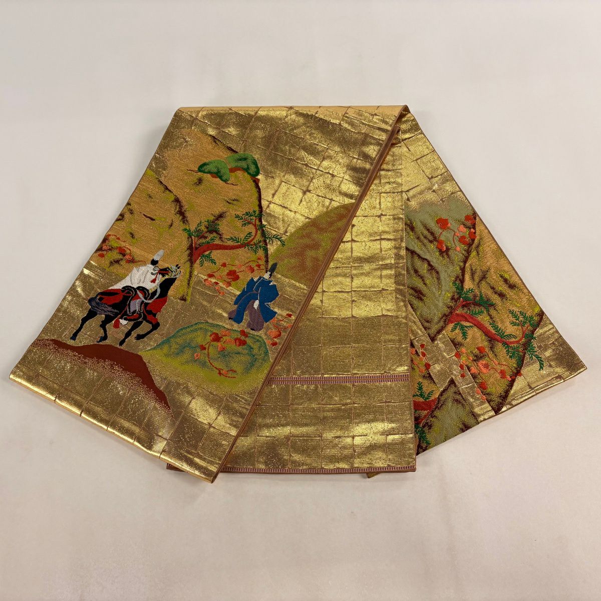 【美品】 袋帶 逸品級 龍村美術織物 落款あり 蔦畫錦 關西裁縫 人物 風景 金絲 金金箔 金色 大鼓圖案 純蠶絲