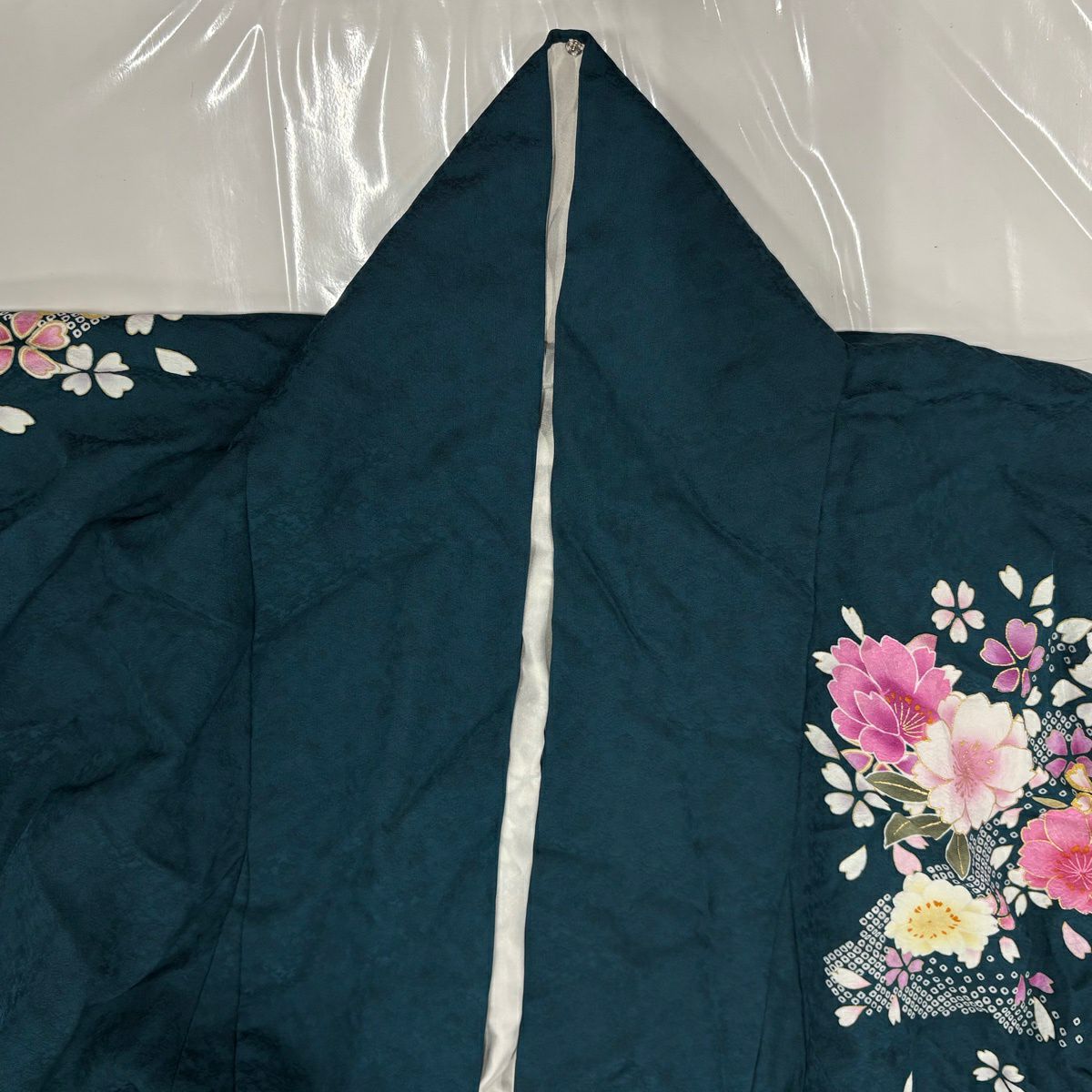 振袖禮服 身長172.5cm 袖長68cm L 雙層 櫻花 雲紋 金金箔 金銀彩 深綠 純蠶絲 名品級