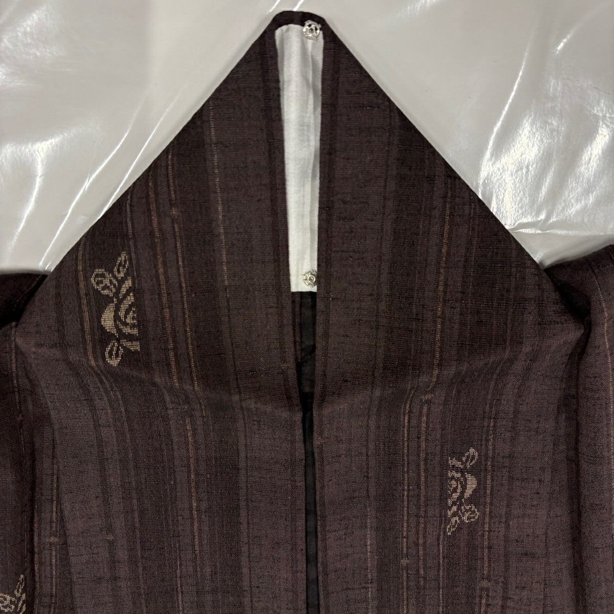 【美品】 紬織 身長156cm 袖長64.5cm M 單層 草花紋紋 條紋 茶紫 純蠶絲 名品級