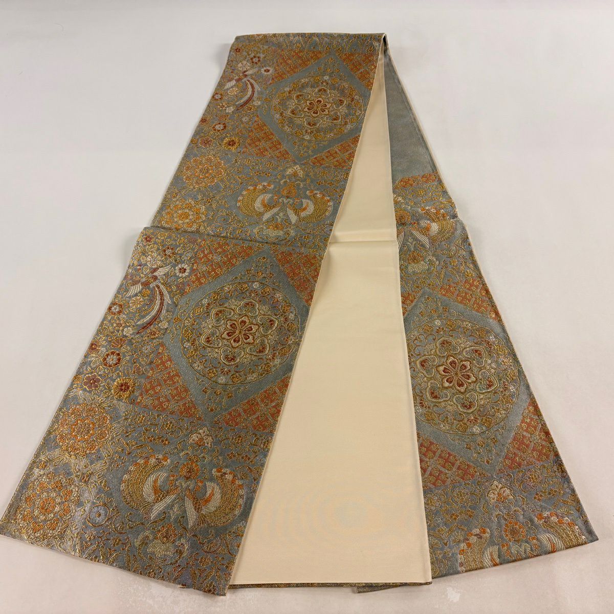【美品】 袋帶 秀品級 華紋 向鳥 金絲 金金箔 青灰 六通 純蠶絲