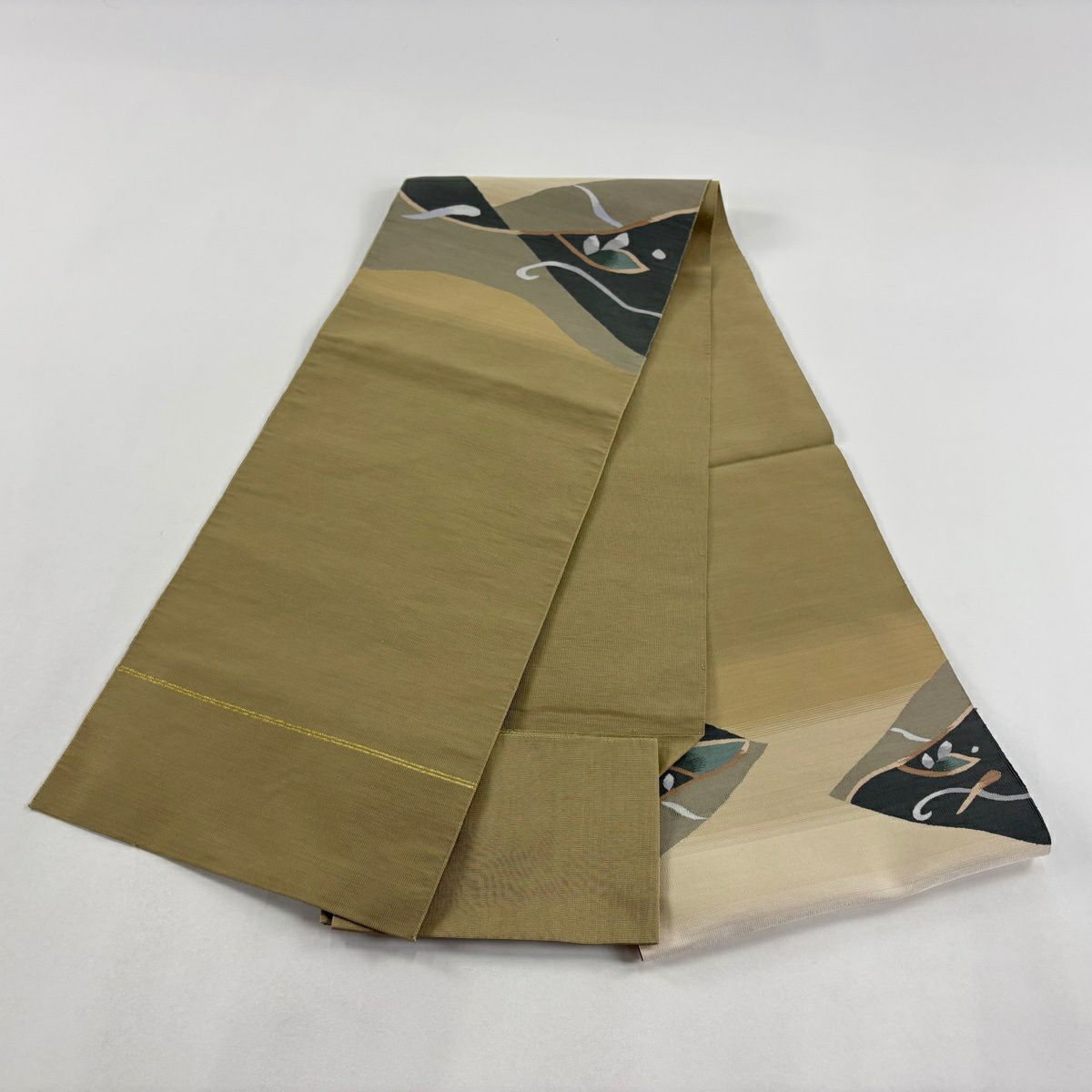 【美品】 名古屋帶 秀品級 八寸名古屋帶 松樹葉仕立 幾何學 抹茶 純蠶絲