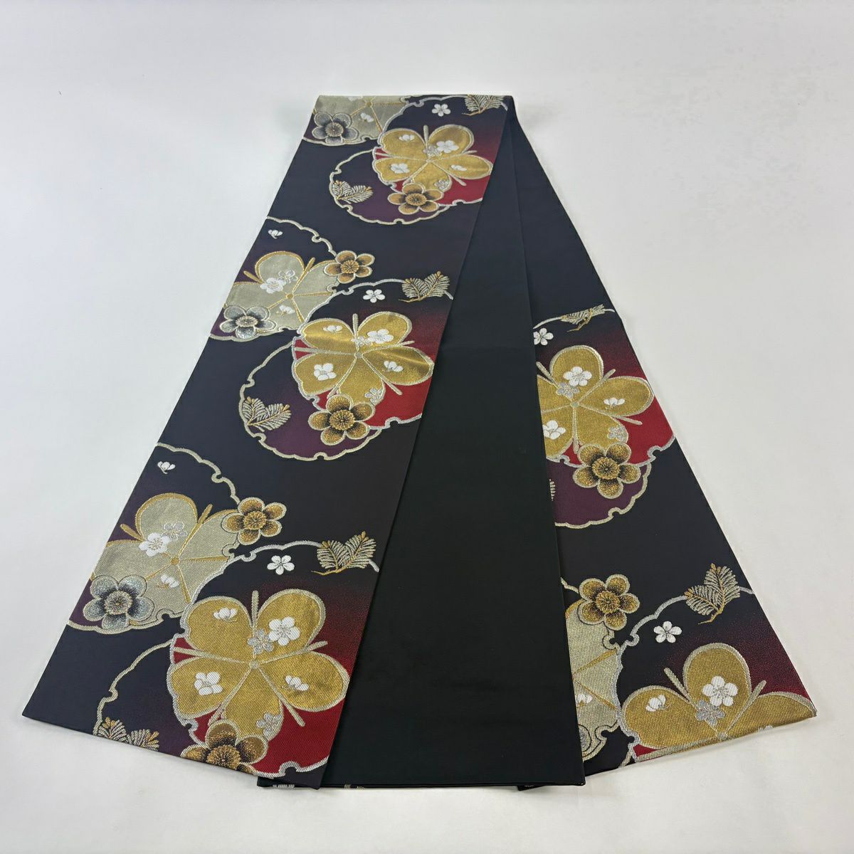 【美品】 袋帶 秀品級 雪輪 松樹梅花 金銀絲 金金箔 深紫 六通 純蠶絲