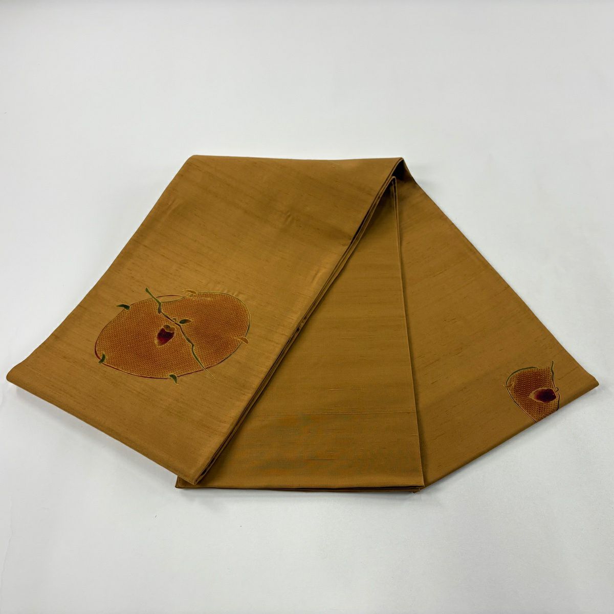 【美品】 袋帶 秀品級 紬織織 生物 刺繡 山吹茶 純蠶絲 お太鼓柄