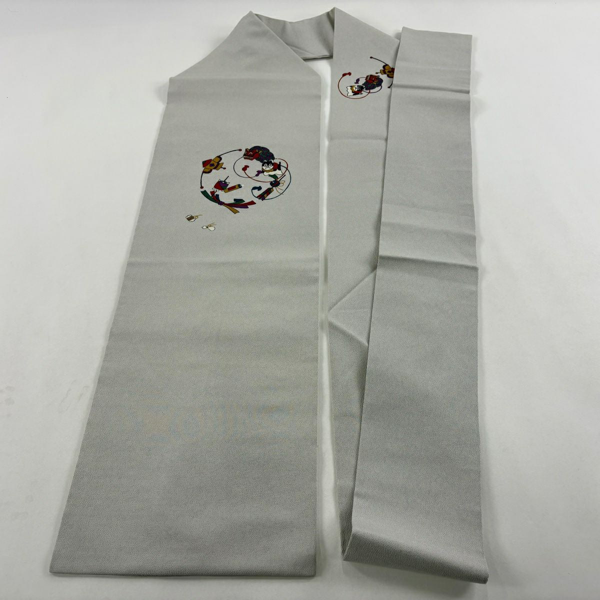 名古屋帶 秀品級 玩具 狛犬 縮緬 灰色 純蠶絲