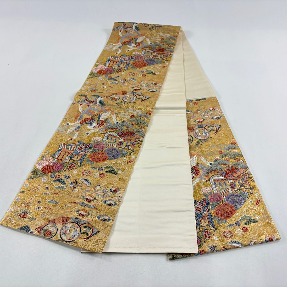 【美品】 袋帶 秀品級 關西仕立 花鳥 御所車 刺繡 金金箔 金色 六通 純蠶絲