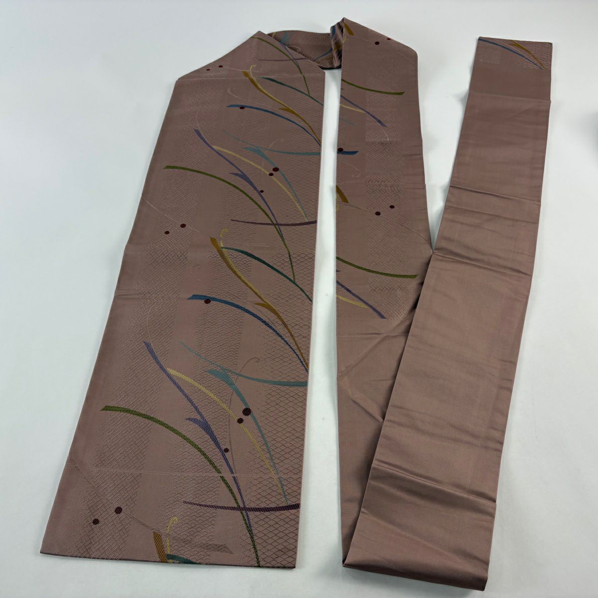 【美品】名古屋帶 秀品級 幾何圖案 薄小豆 純蠶絲